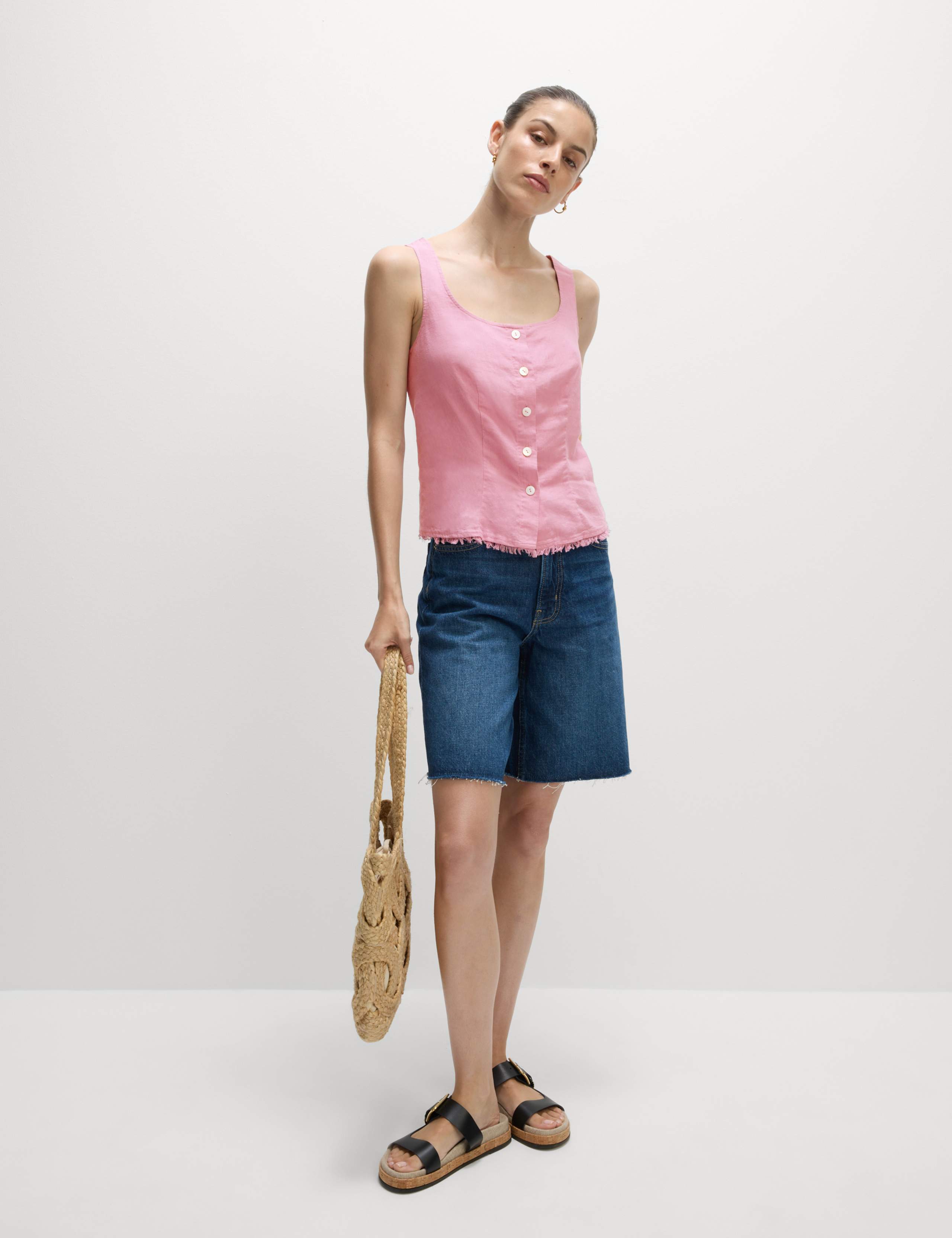 Linen Rich Button Through Raw Edge Cami Top 3 of 6