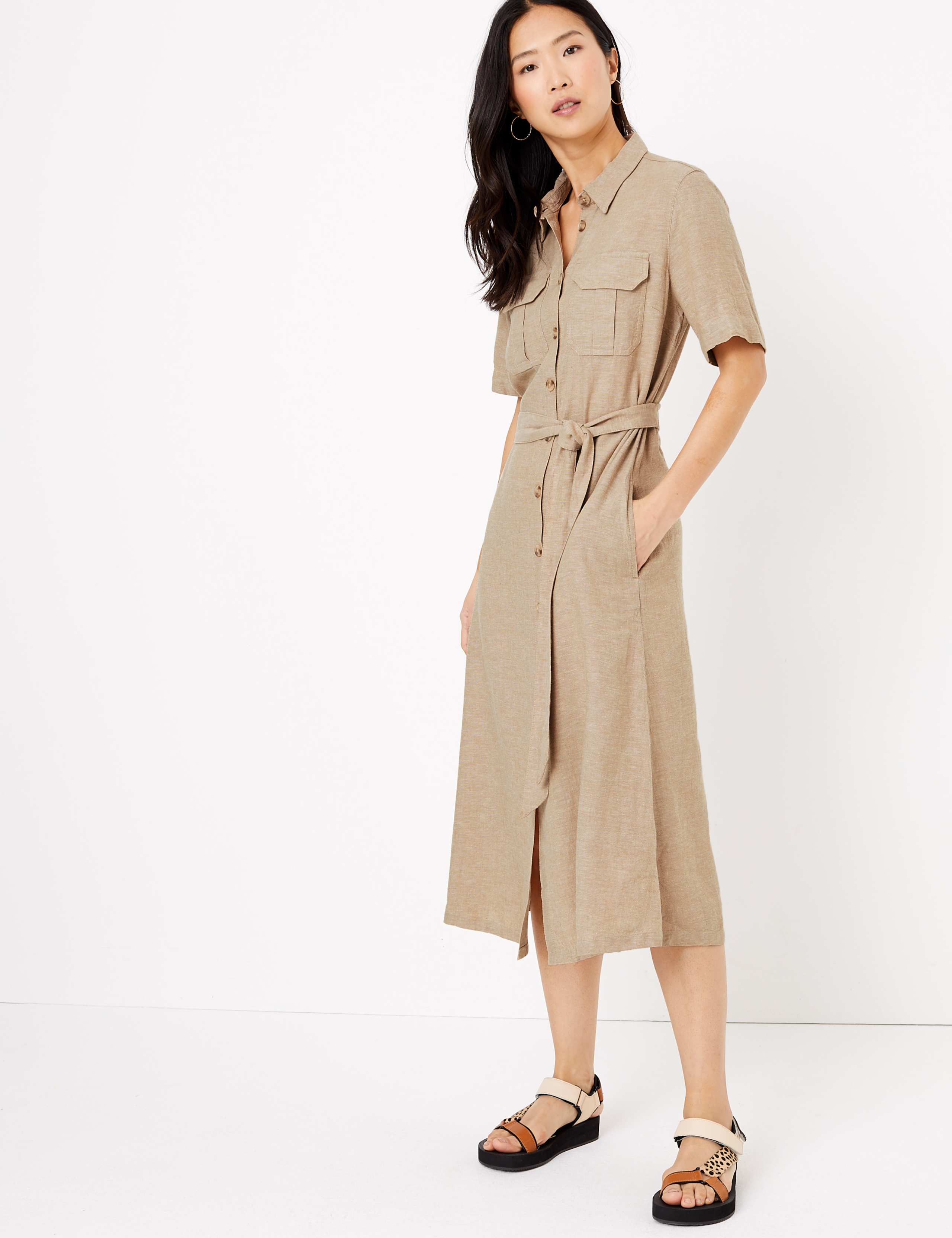 Linen Belted Midi Shirt Dress 1 of 4