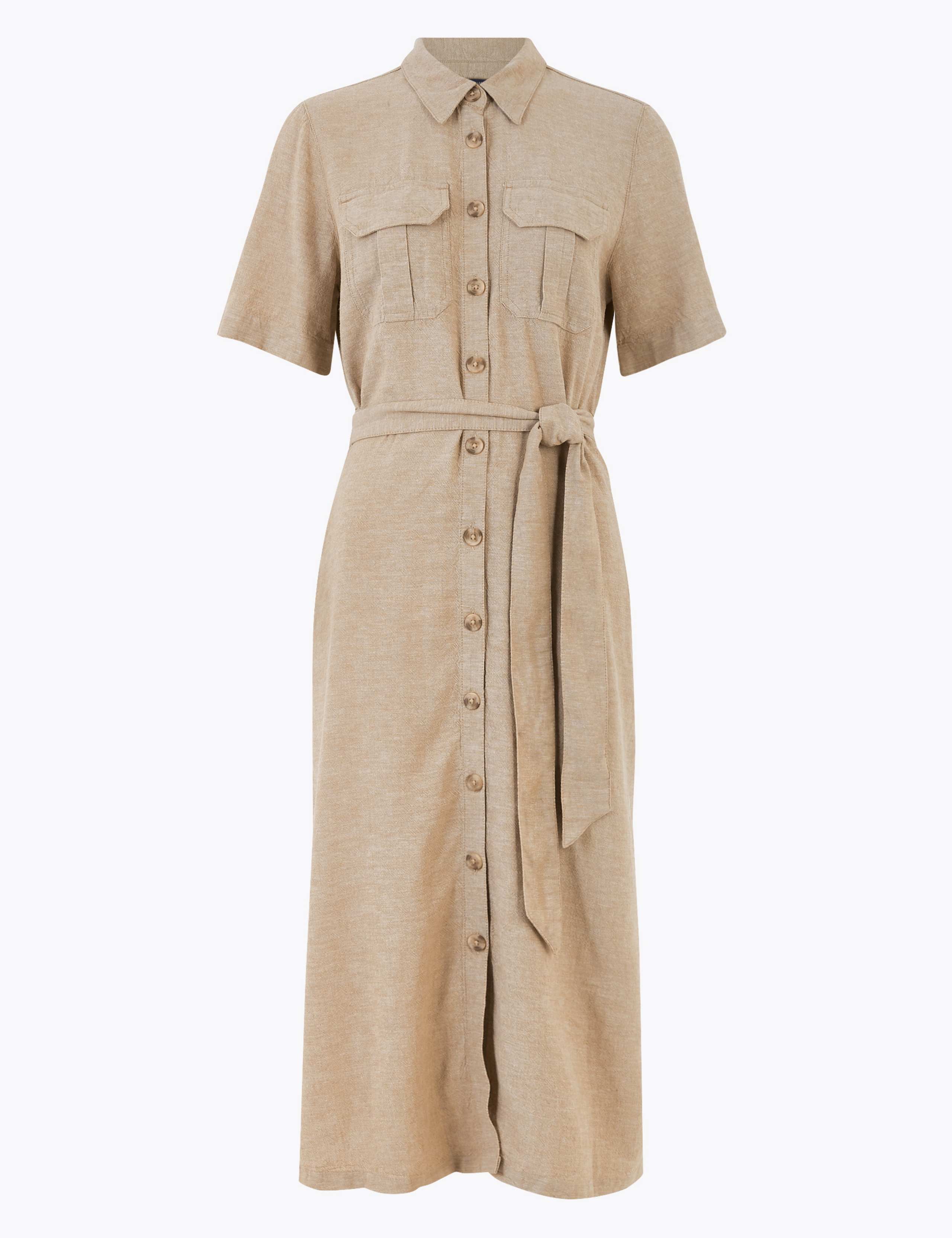 Linen Belted Midi Shirt Dress 2 of 4