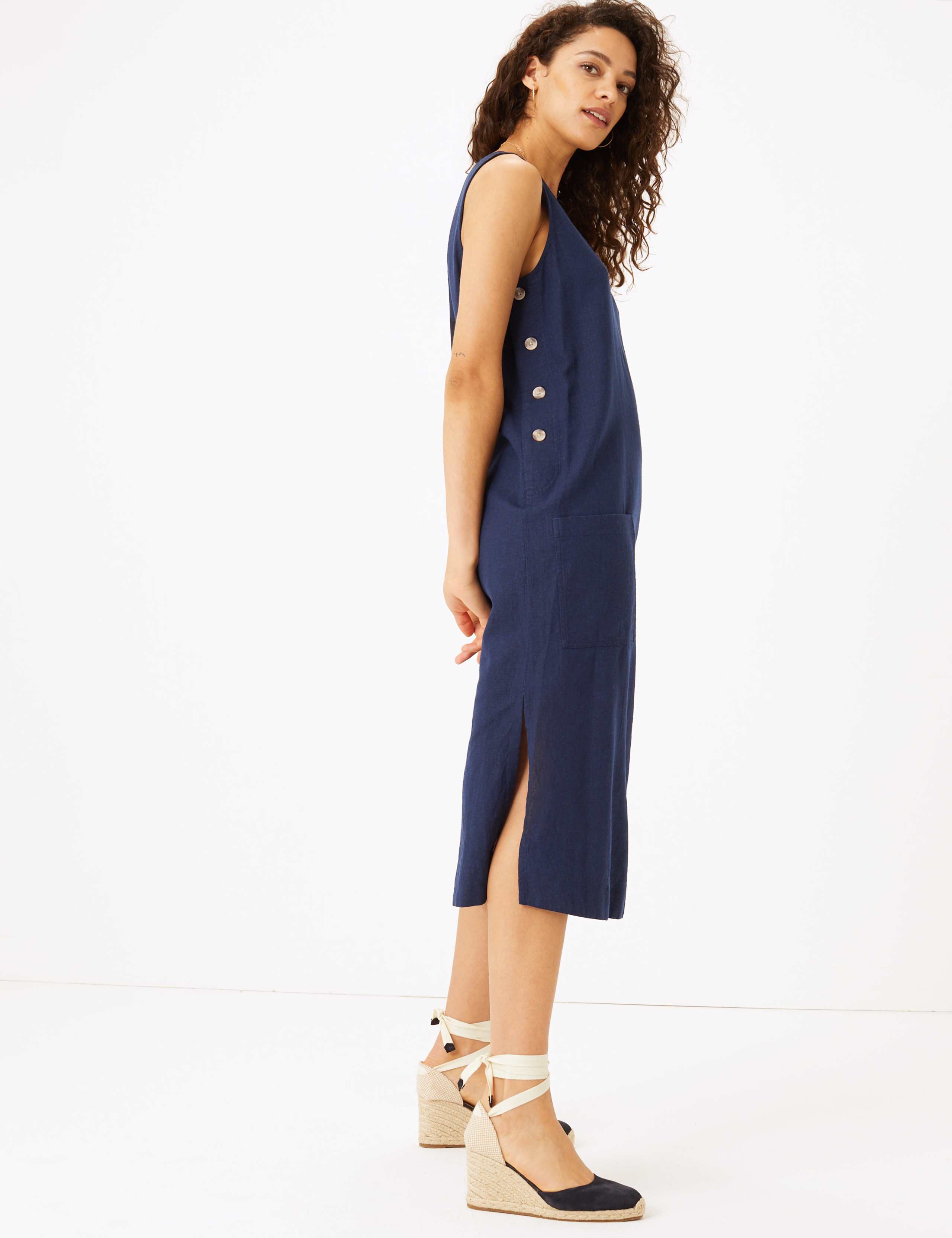 Linen Blend Side Button Midi Shift Dress 1 of 5