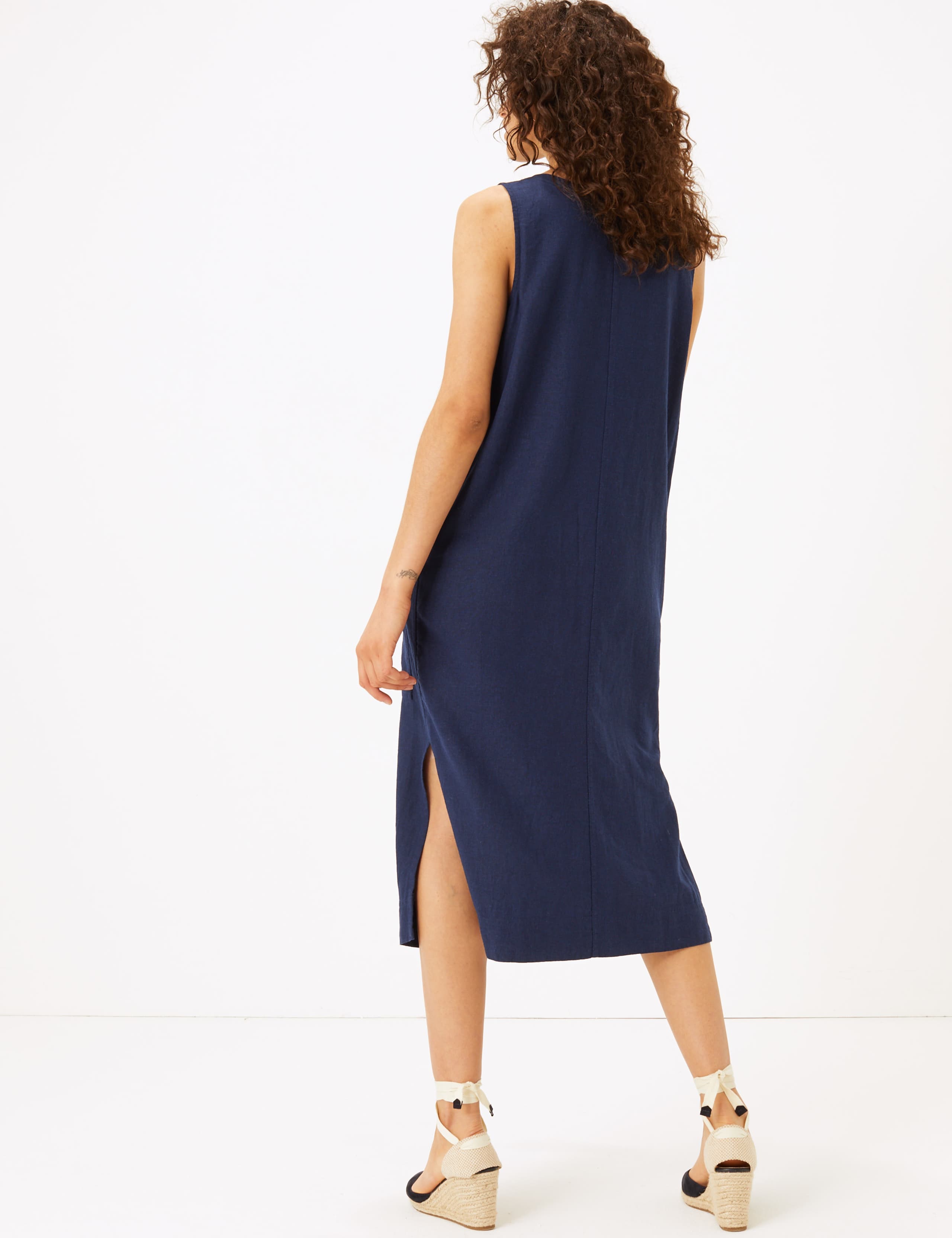 Linen Blend Side Button Midi Shift Dress 4 of 5
