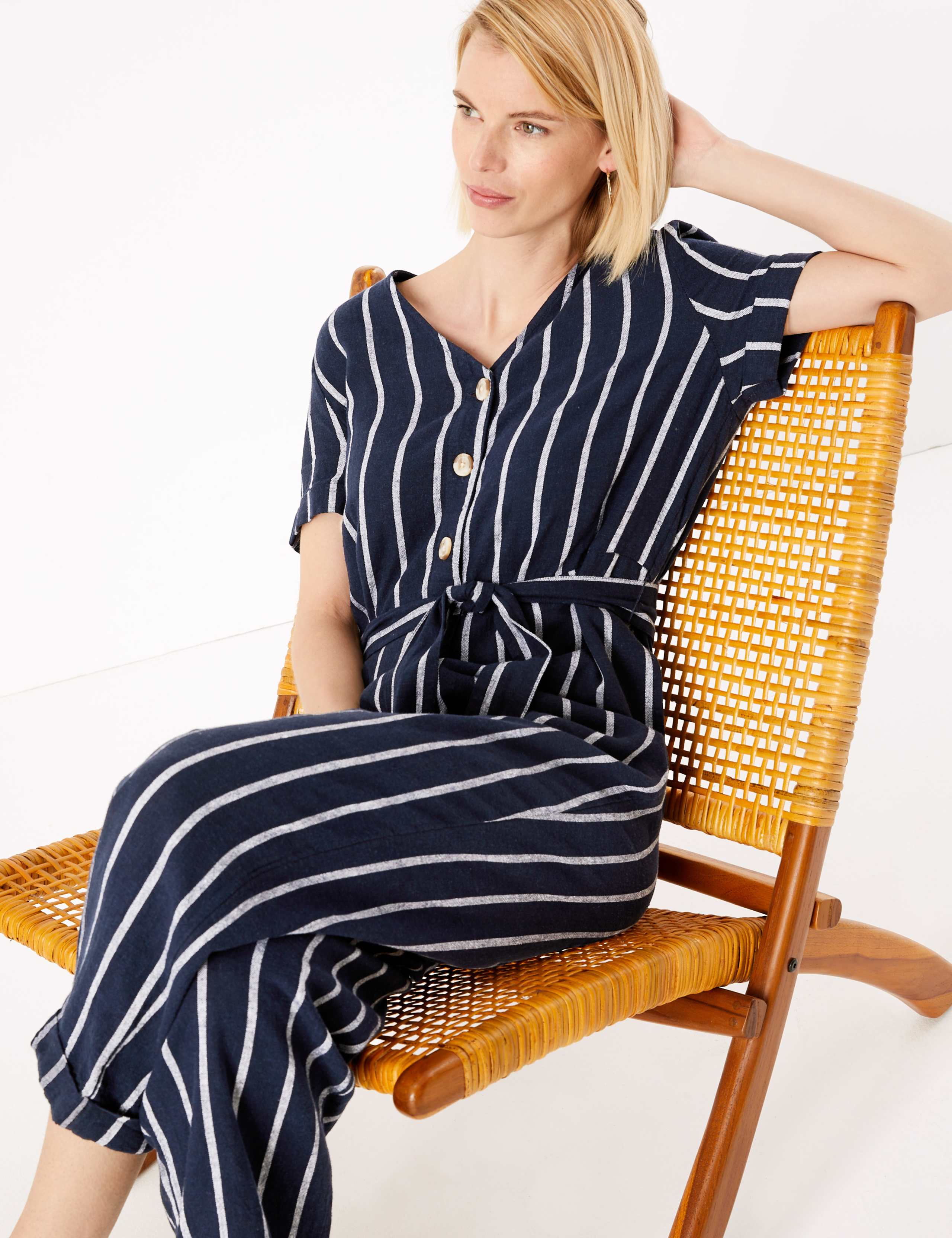 Linen Striped Belted Short Sleeve Jumpsuit 1 of 4