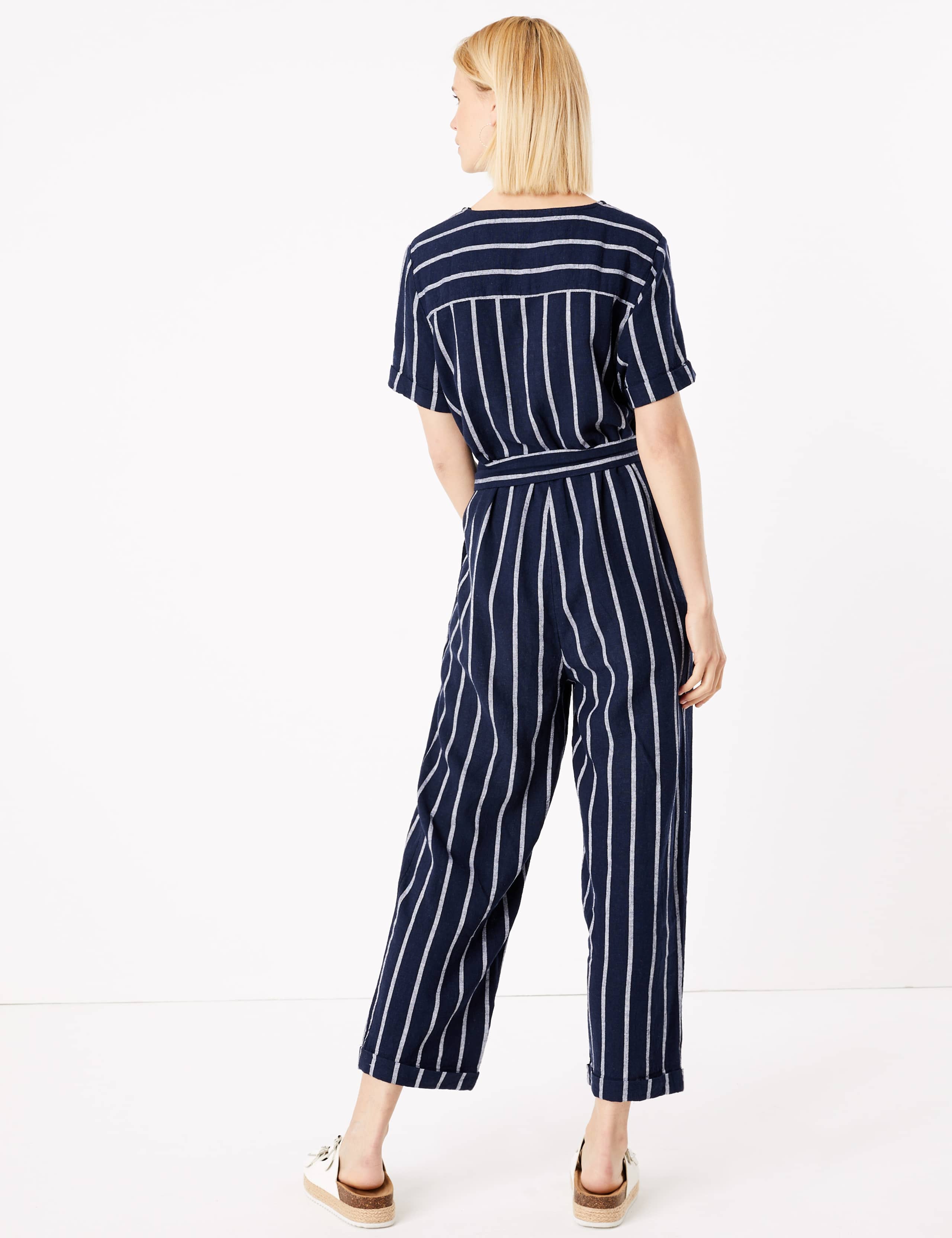 Linen Striped Belted Short Sleeve Jumpsuit 4 of 4