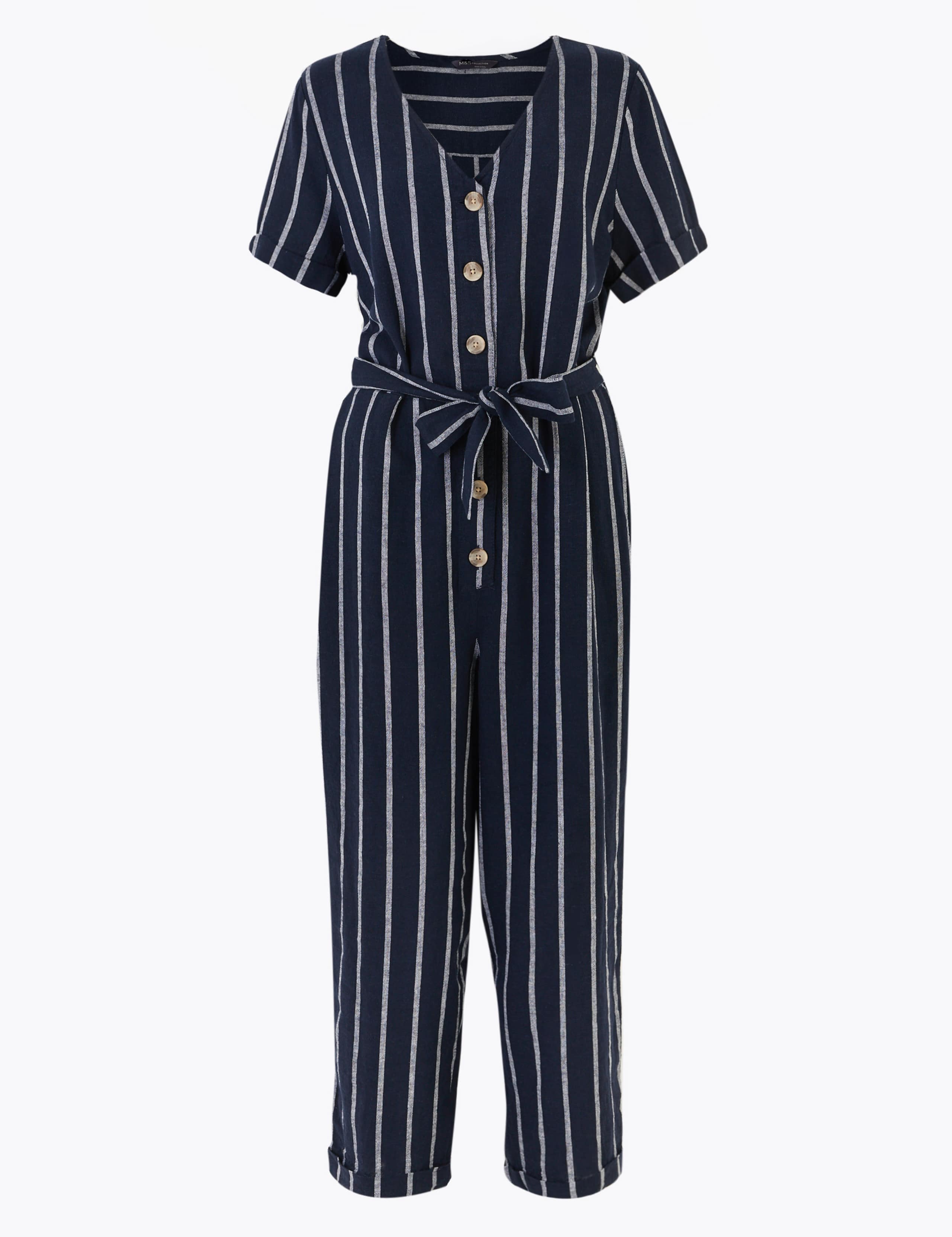 Linen Striped Belted Short Sleeve Jumpsuit 2 of 4
