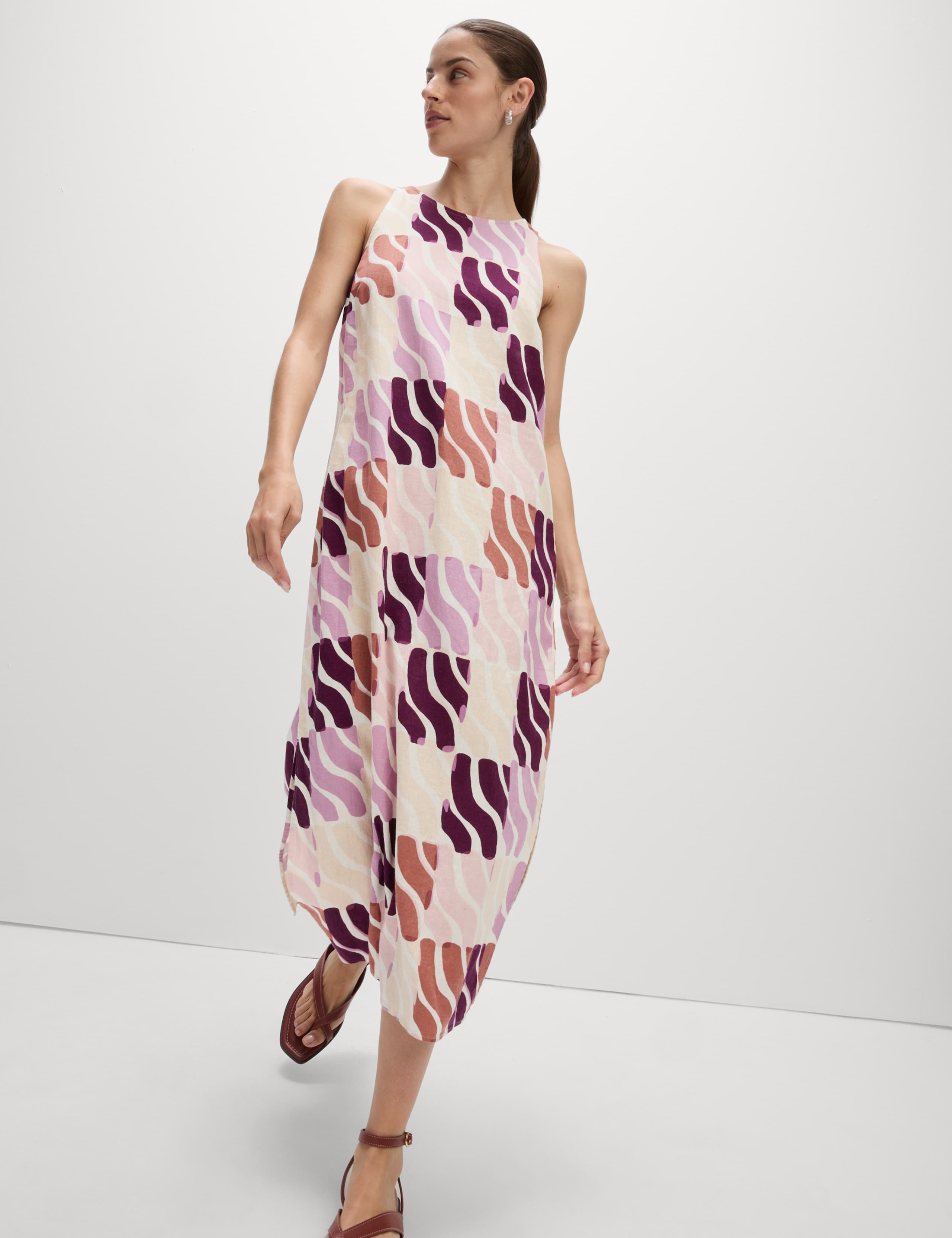 Linen Rich Printed Round Neck Midi Dress 4 of 6