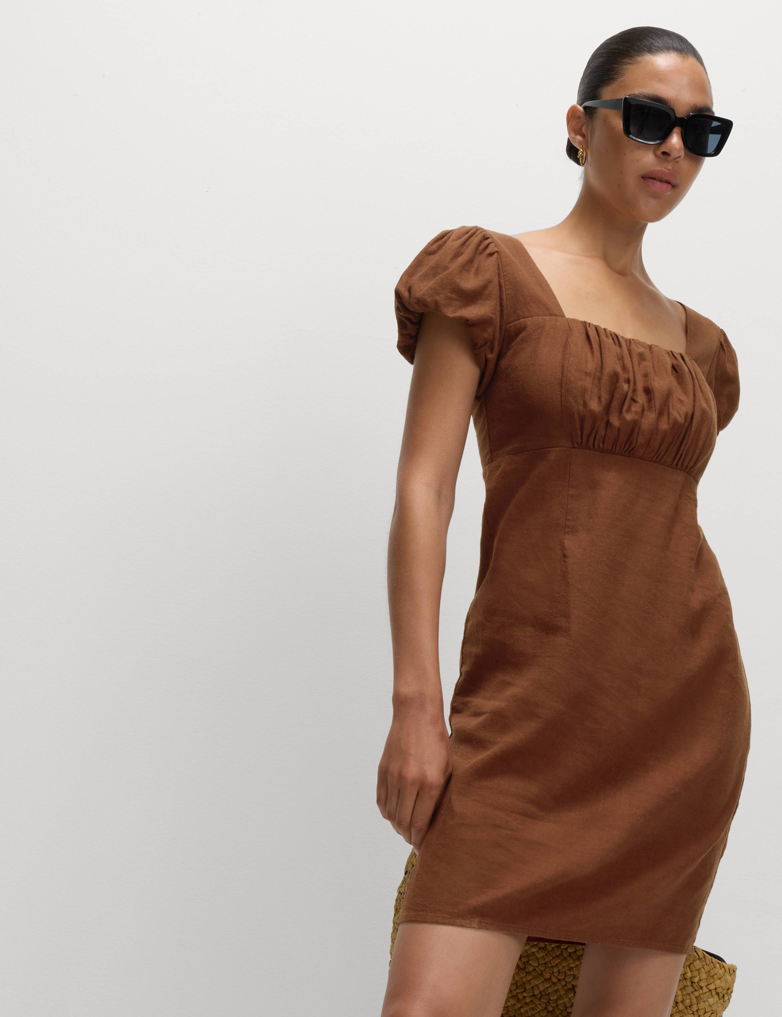 Linen Rich Puff Sleeve Mini Shift Dress 3 of 6