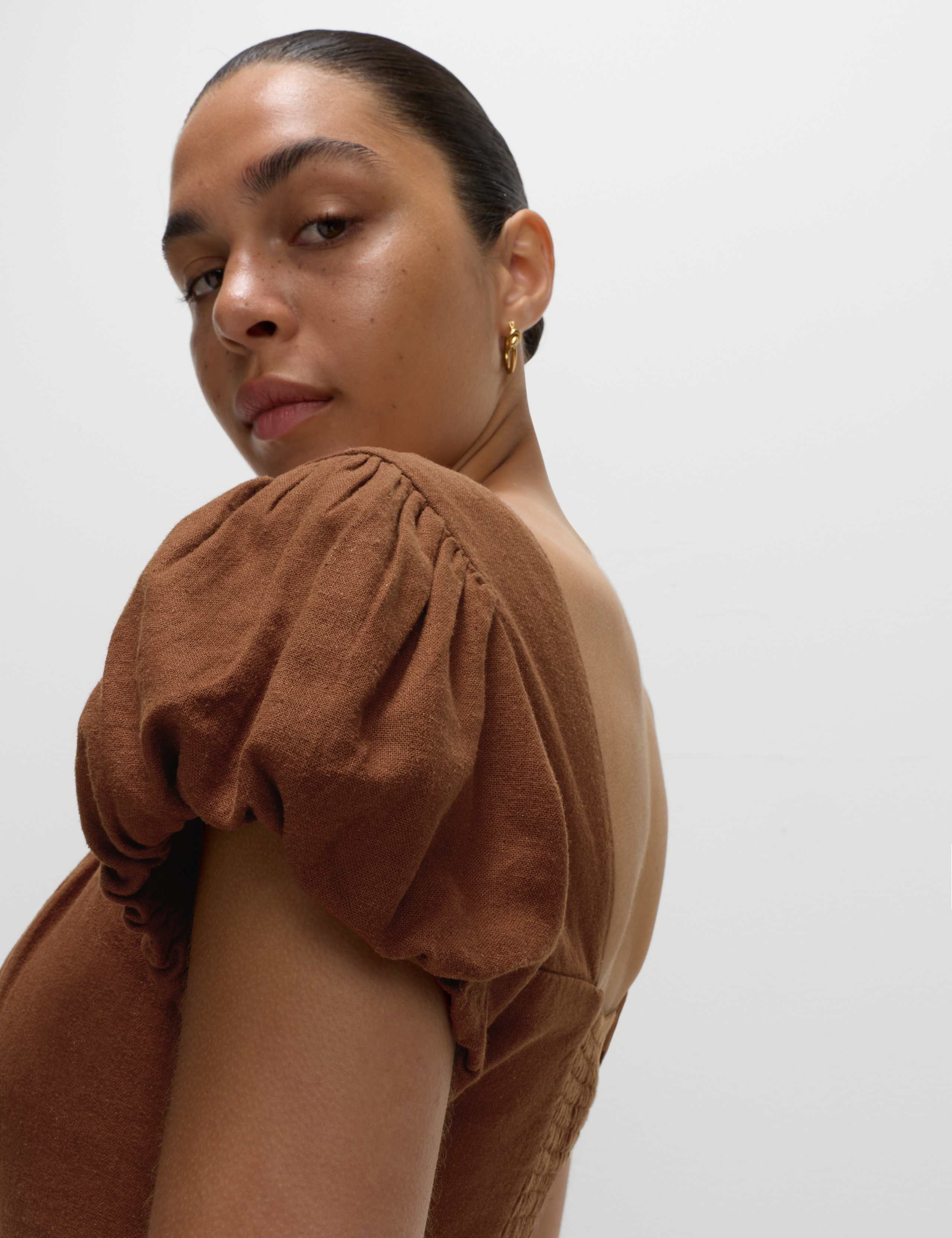 Linen Rich Puff Sleeve Mini Shift Dress 4 of 6