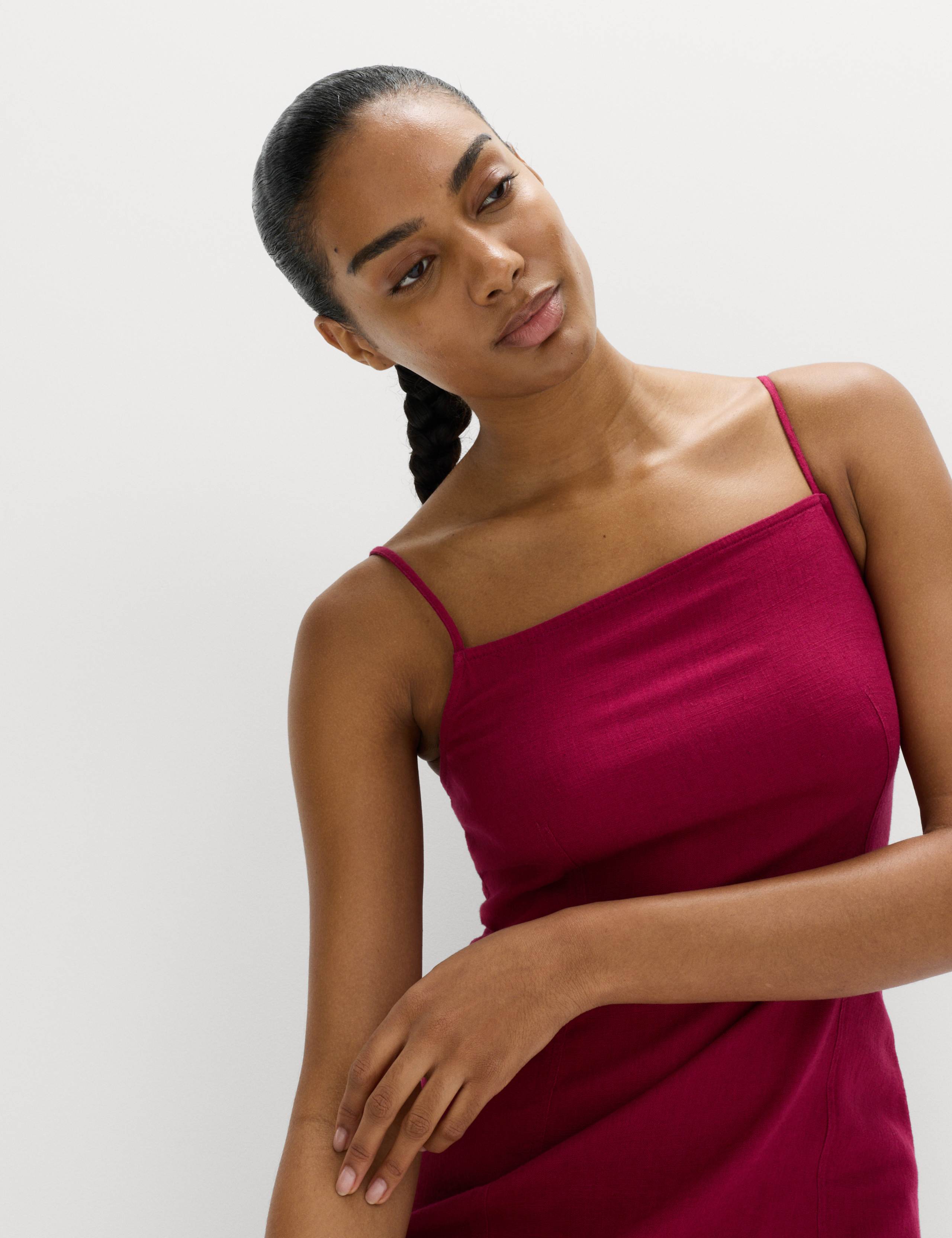 Square Neck Mini Shift Dress with Linen 3 of 5