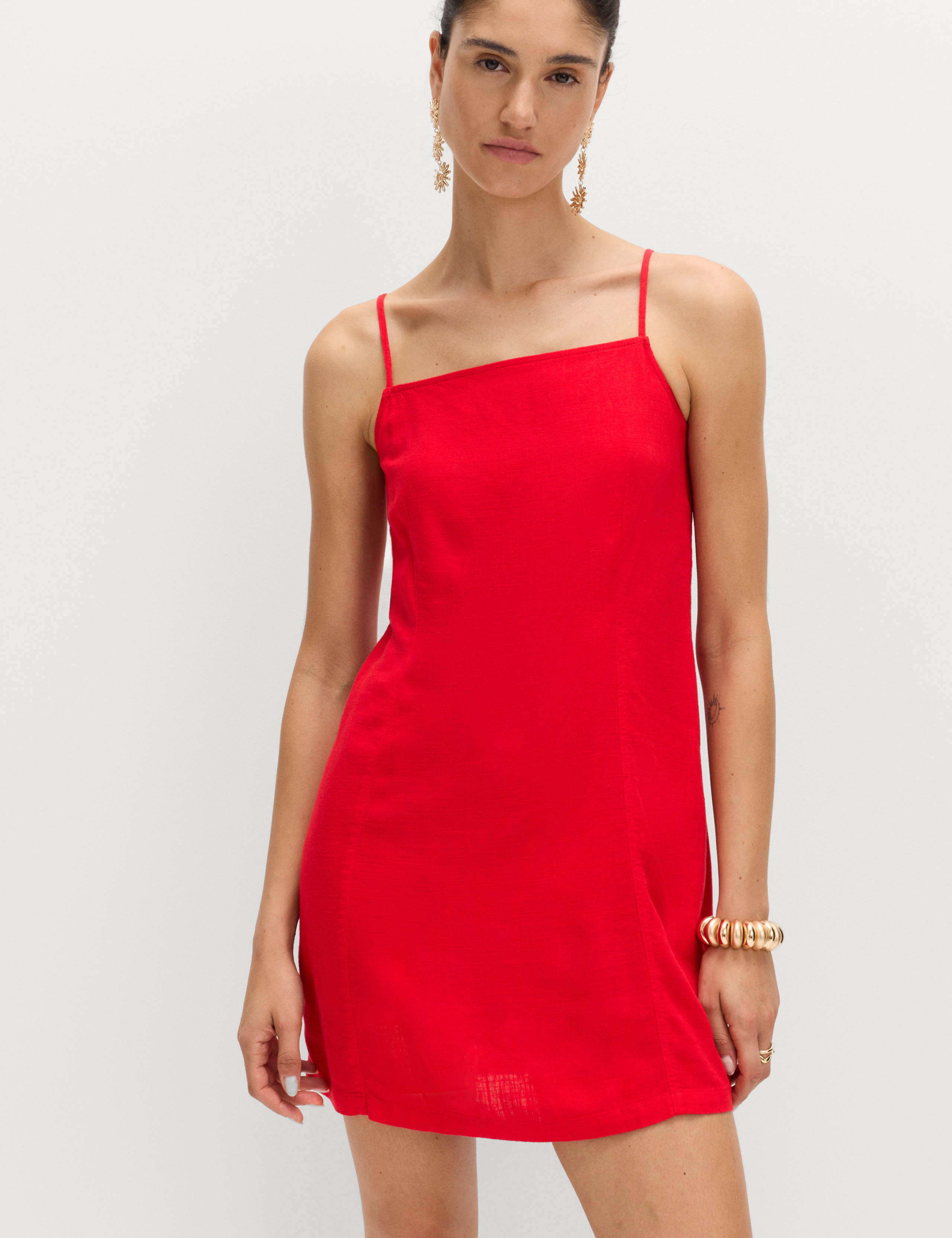 Square Neck Mini Shift Dress with Linen 1 of 6