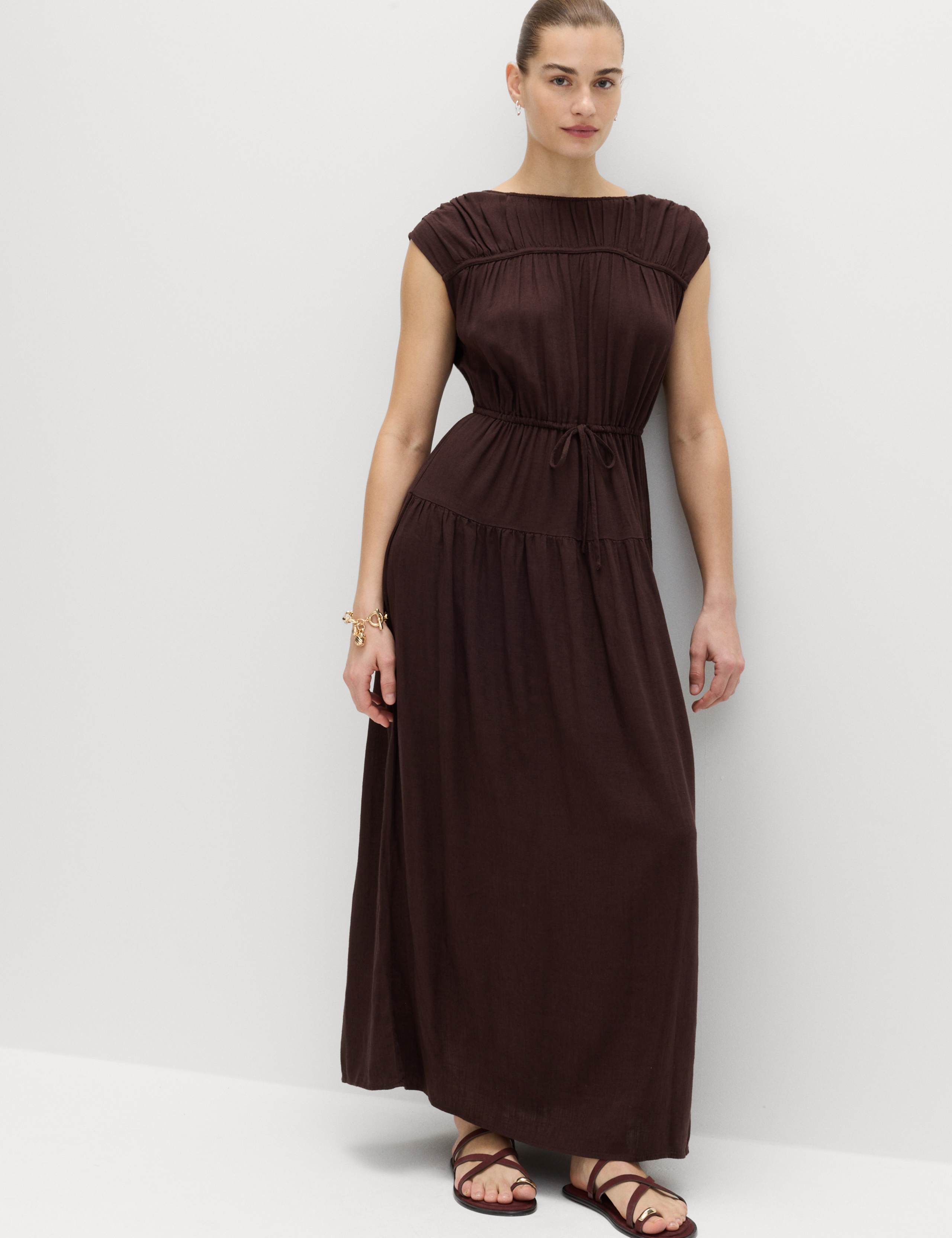 Ruched Maxi Waisted Dress with Linen 1 of 6