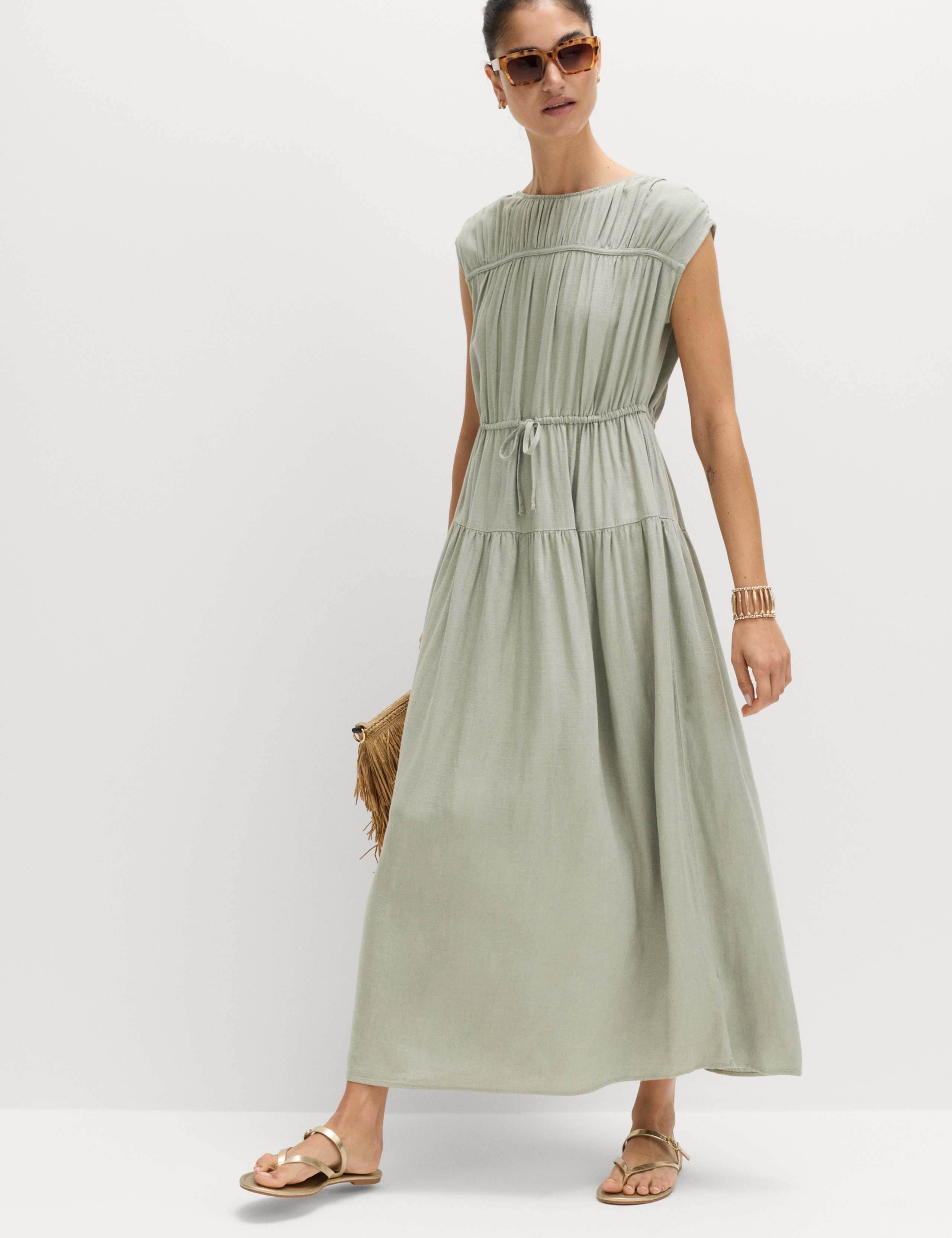 Ruched Maxi Waisted Dress with Linen 1 of 7