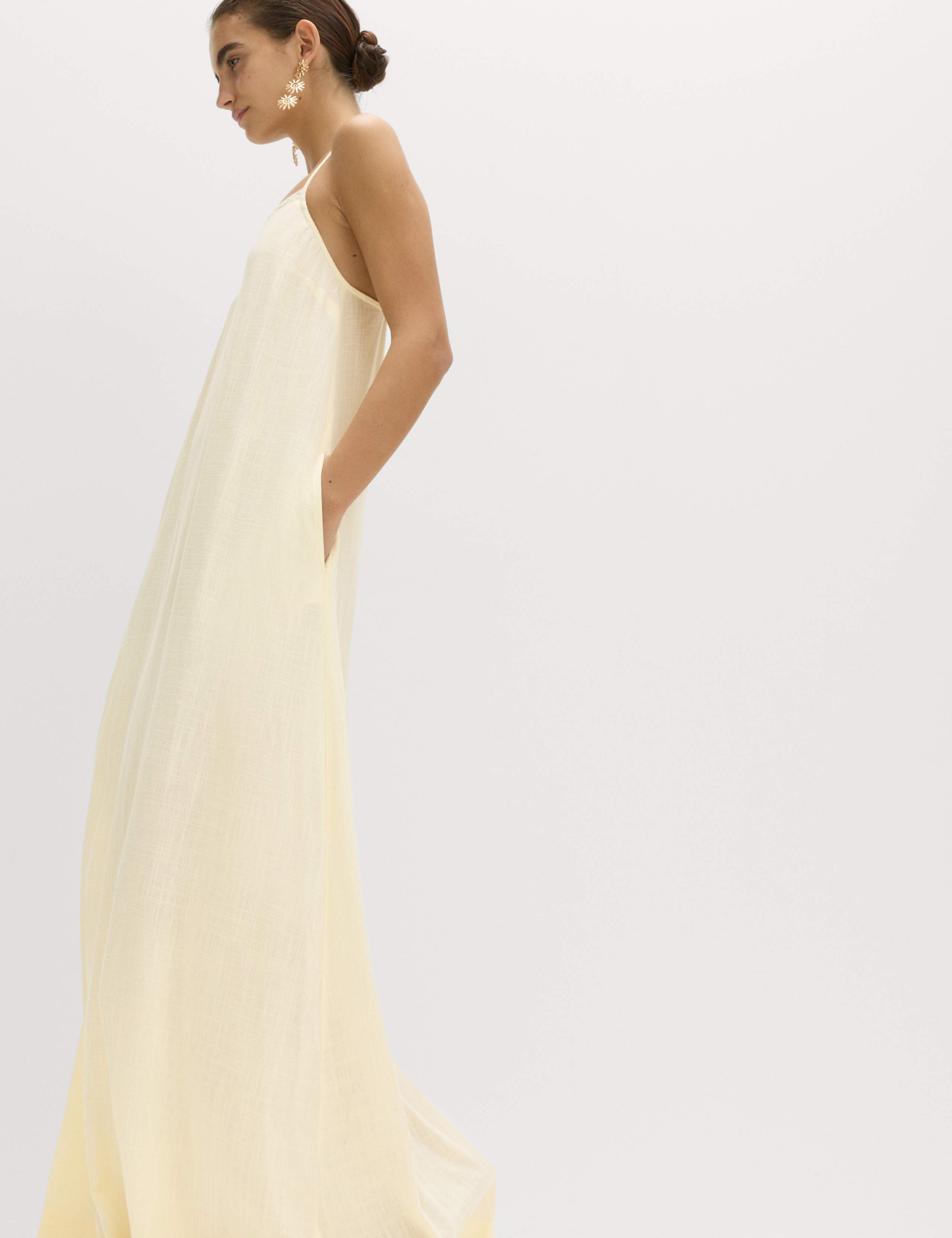 Square Neck Lace Insert Maxi Shift Dress with Linen 7 of 7