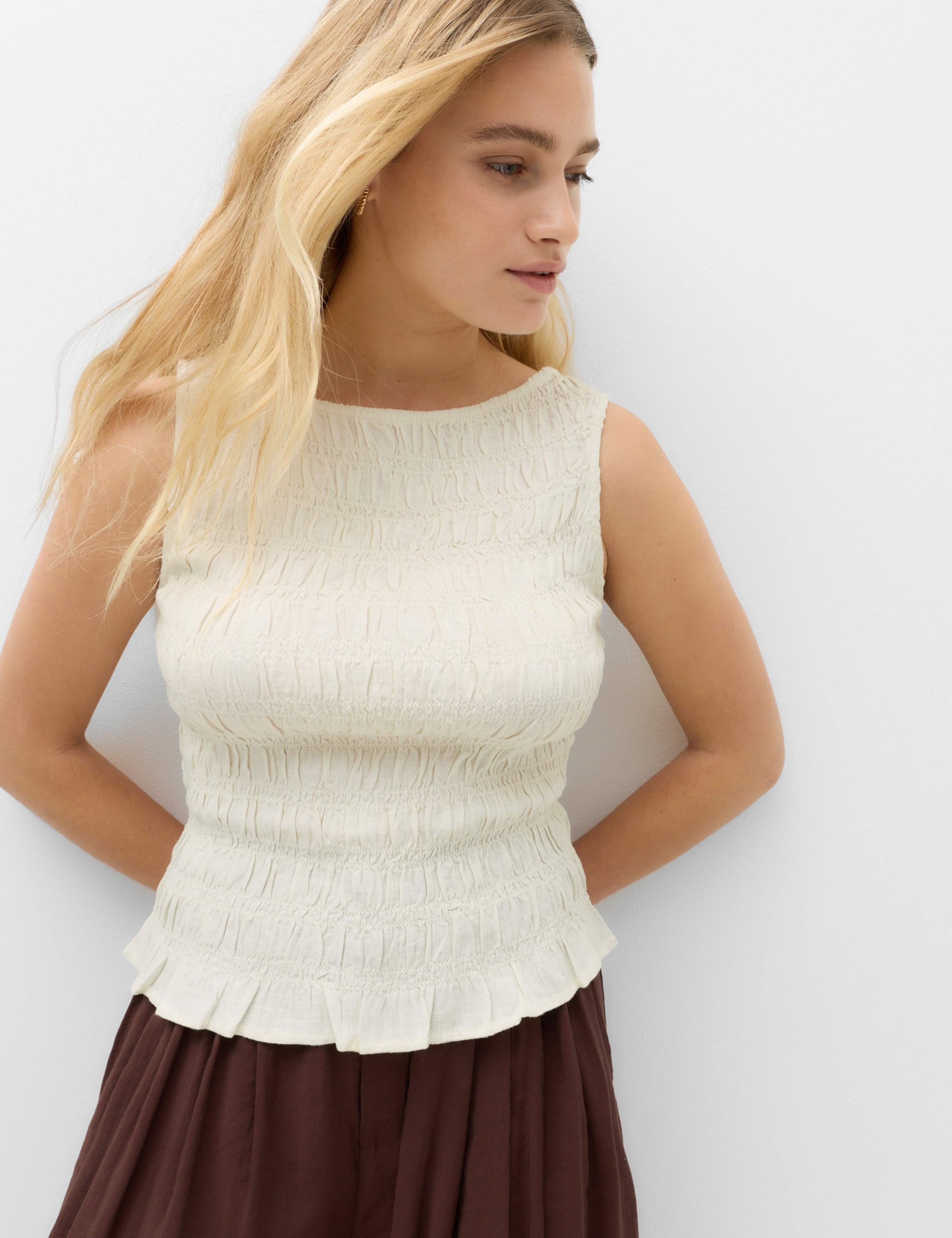 Slash Neck Shirred Top with Linen 1 of 4