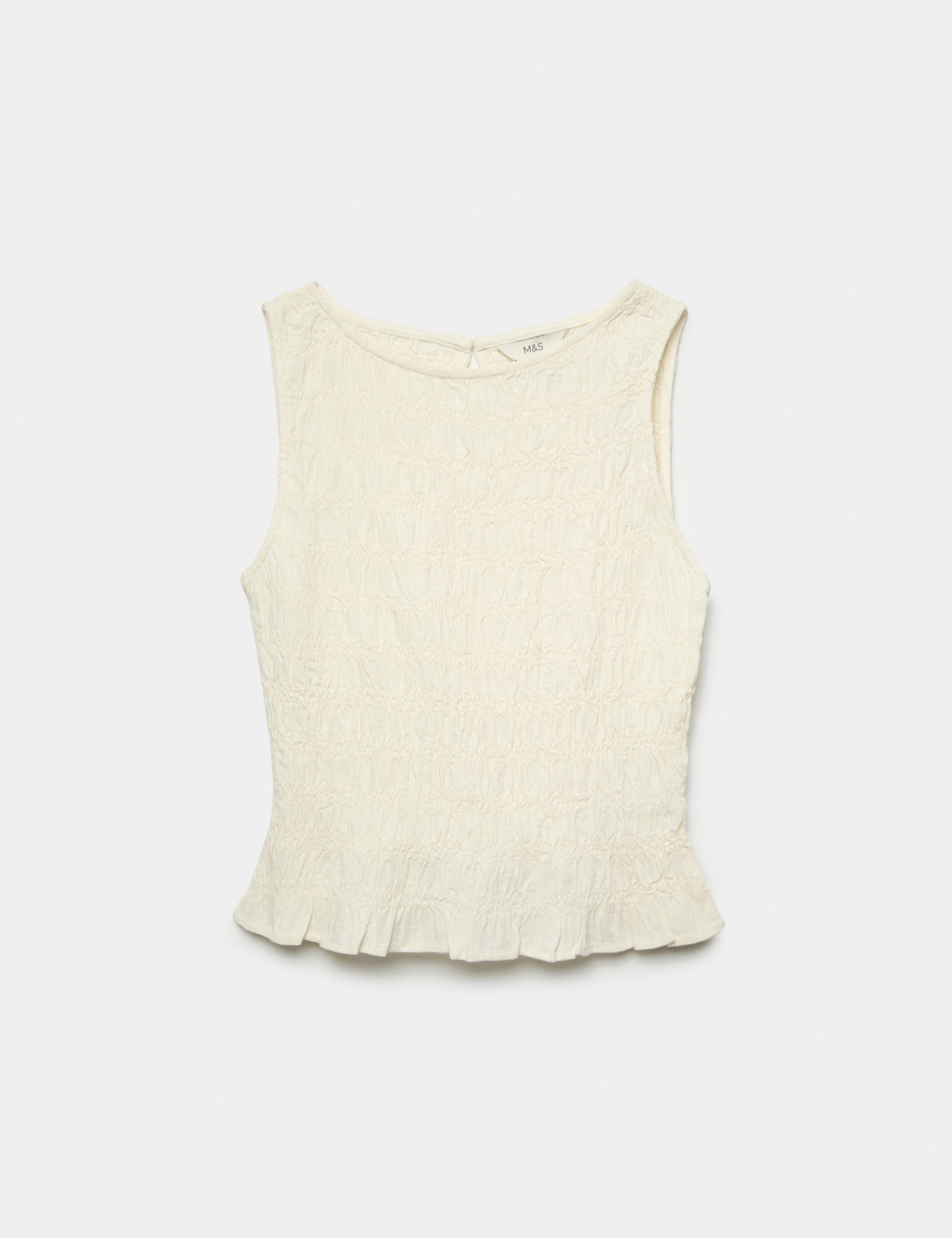 Slash Neck Shirred Top with Linen 2 of 4