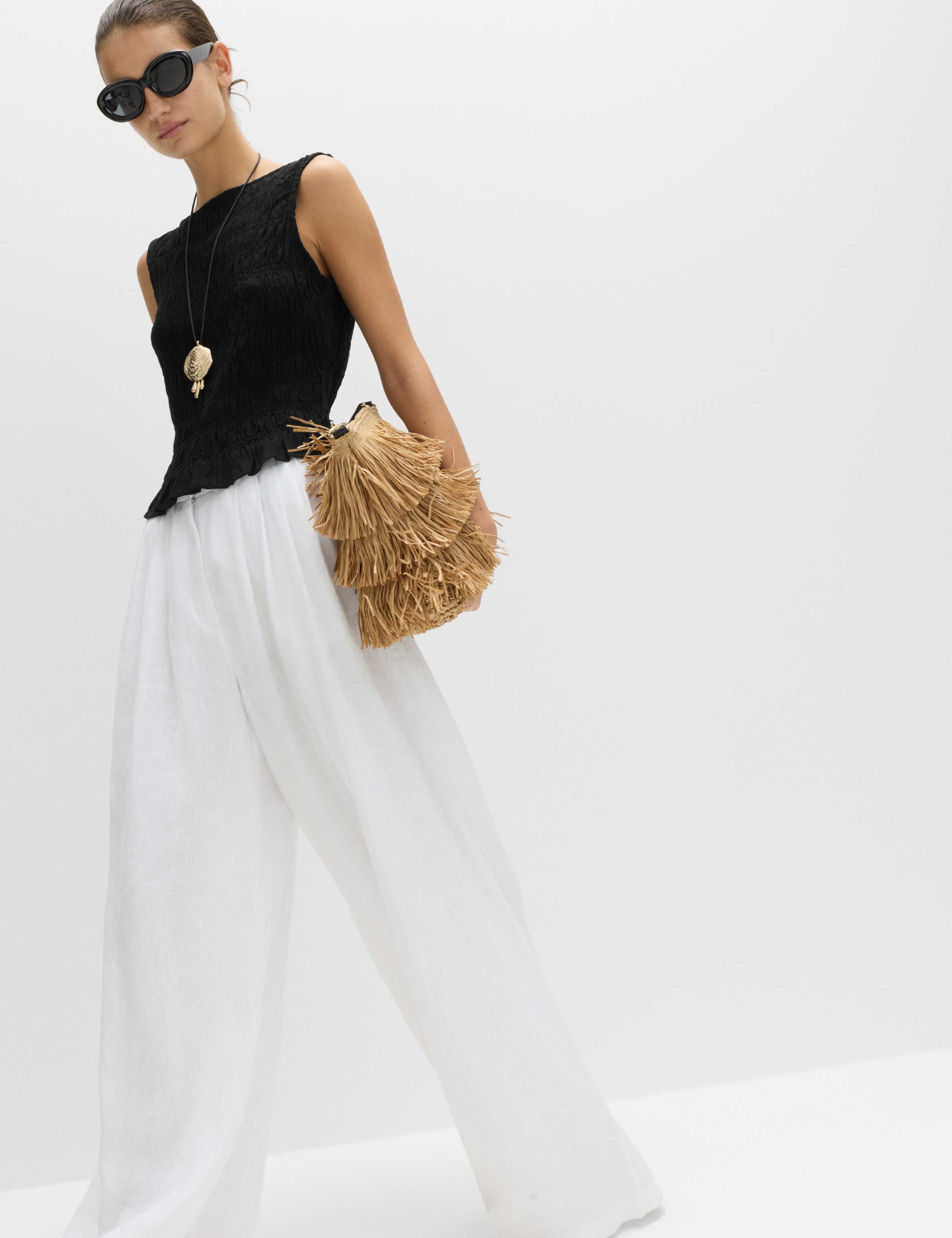 Slash Neck Shirred Top with Linen 3 of 5