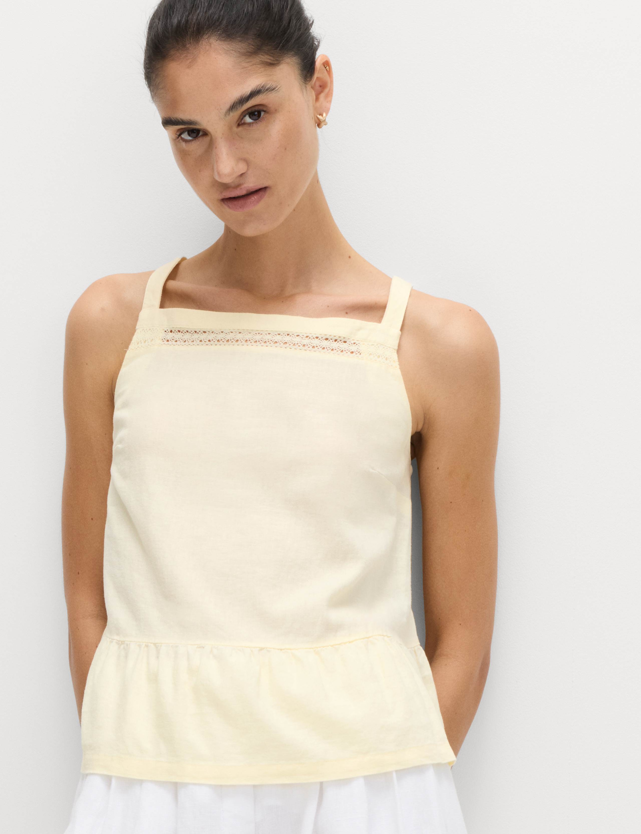Linen Rich Square Neck Lace Insert Top 1 of 5