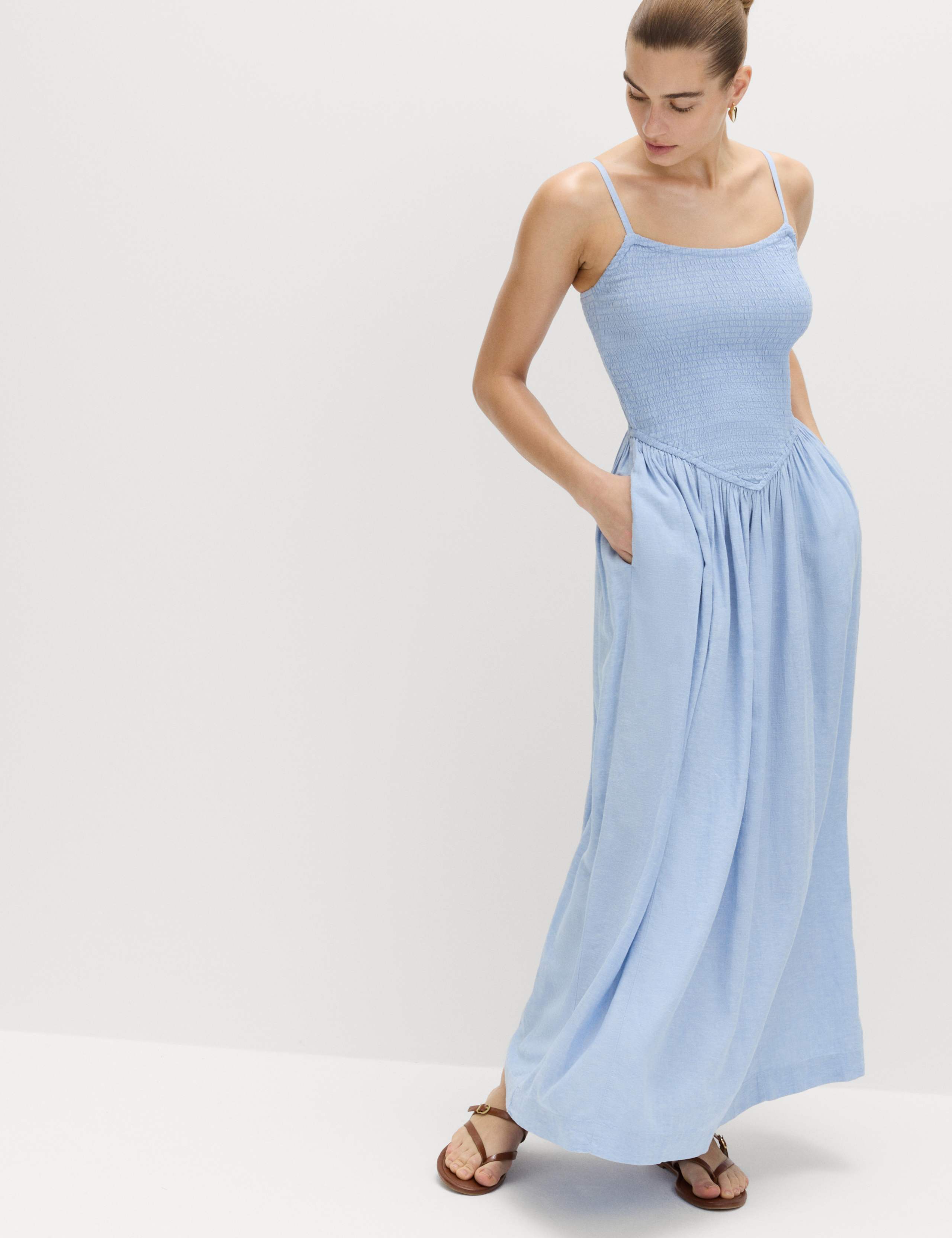 Linen Rich Shirred Midi Dress 3 of 7