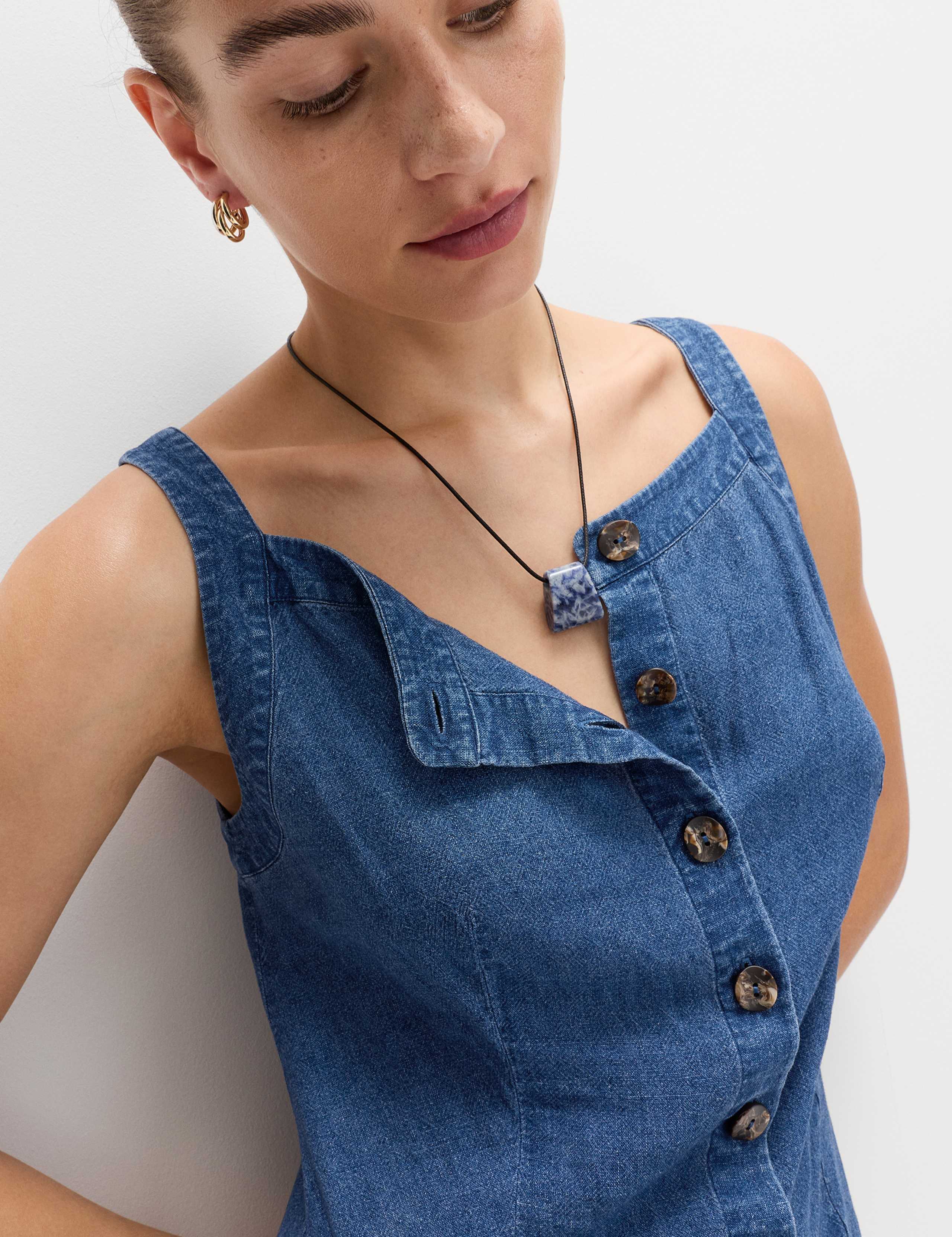 Linen Rich Square Neck Button Through Mini Shift Dress 5 of 5