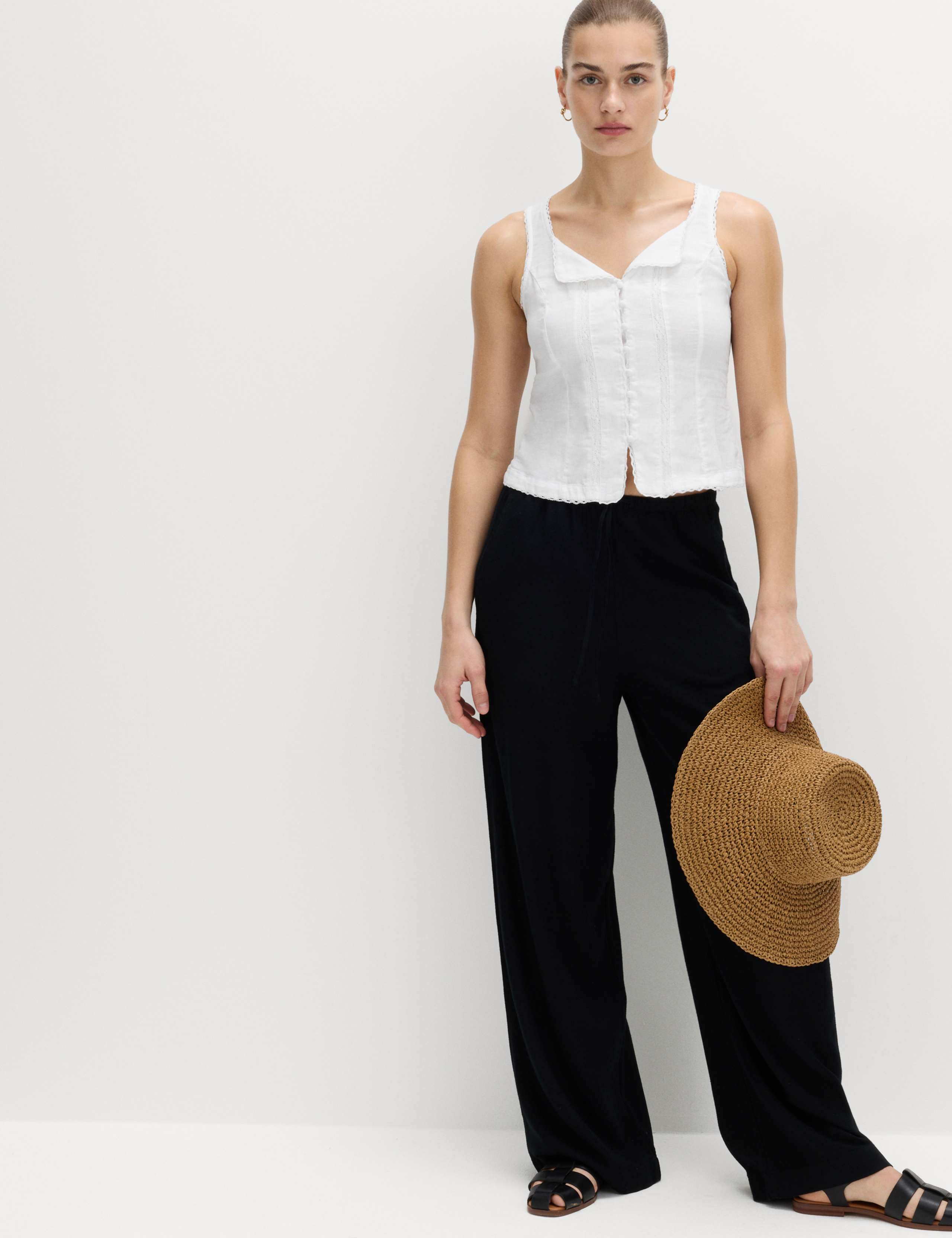 Linen Rich Lace Insert Button Detail Blouse 3 of 5