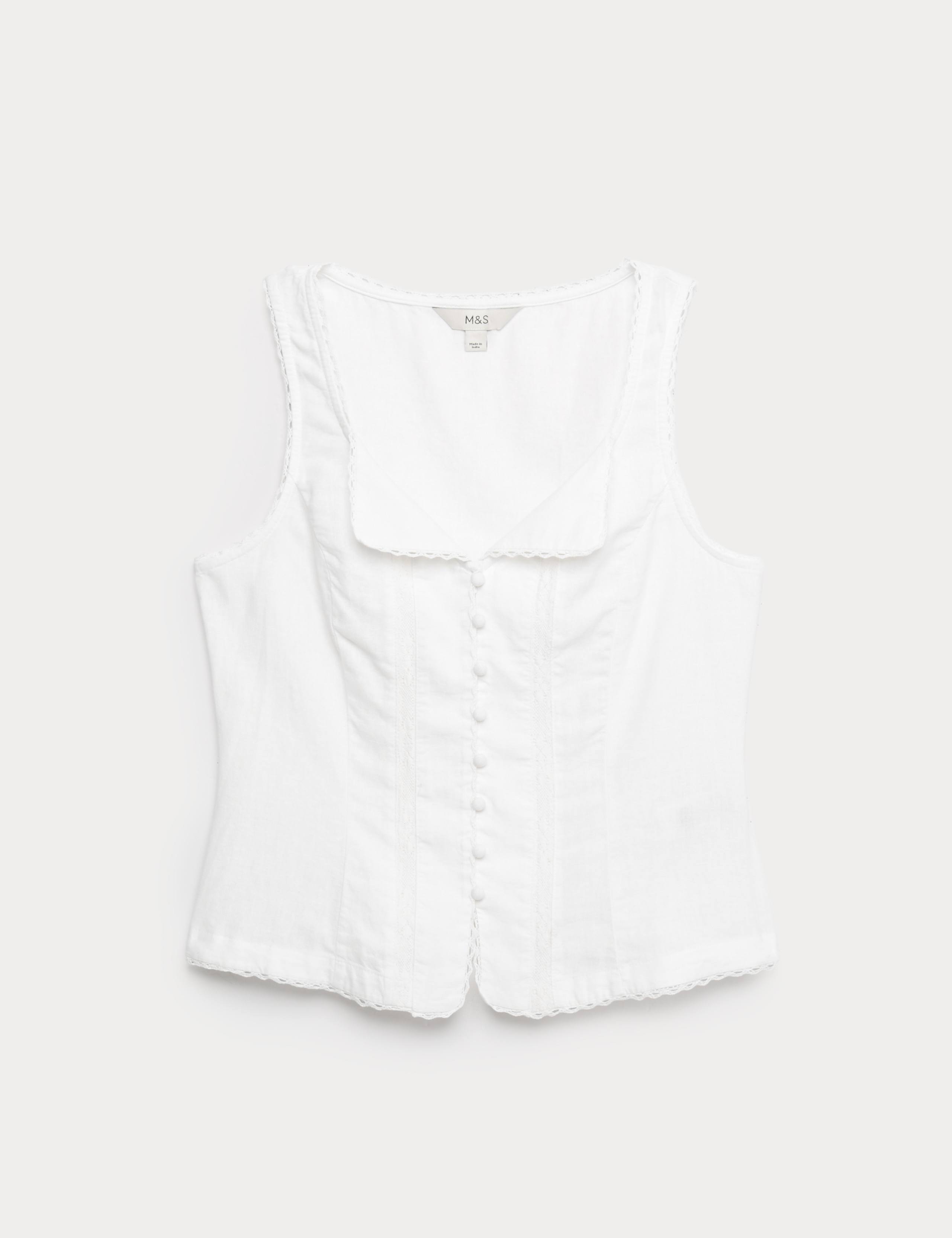 Linen Rich Lace Insert Button Detail Blouse 2 of 5