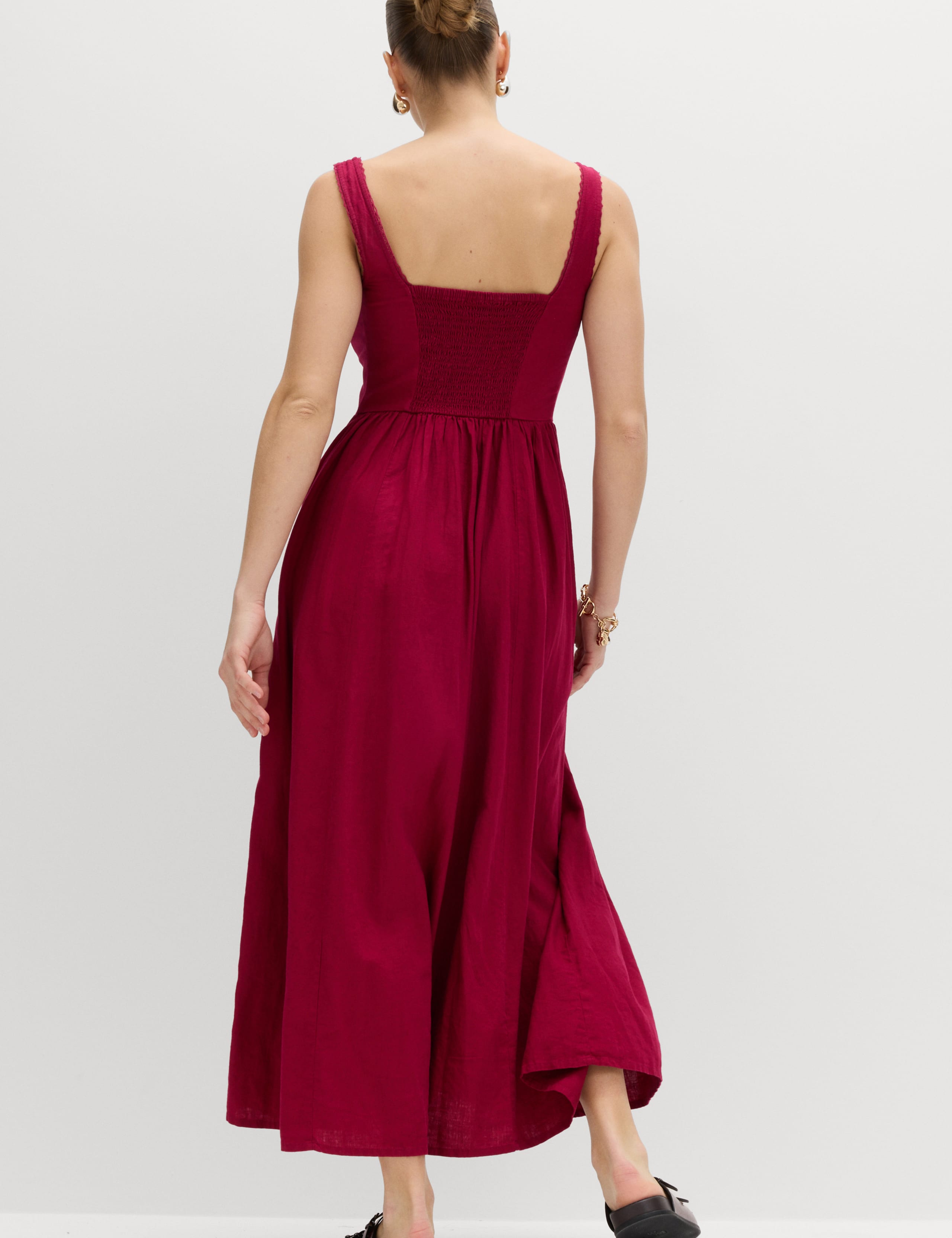 Linen Rich Scoop Neck Lace Insert Midi Waisted Dress 4 of 7