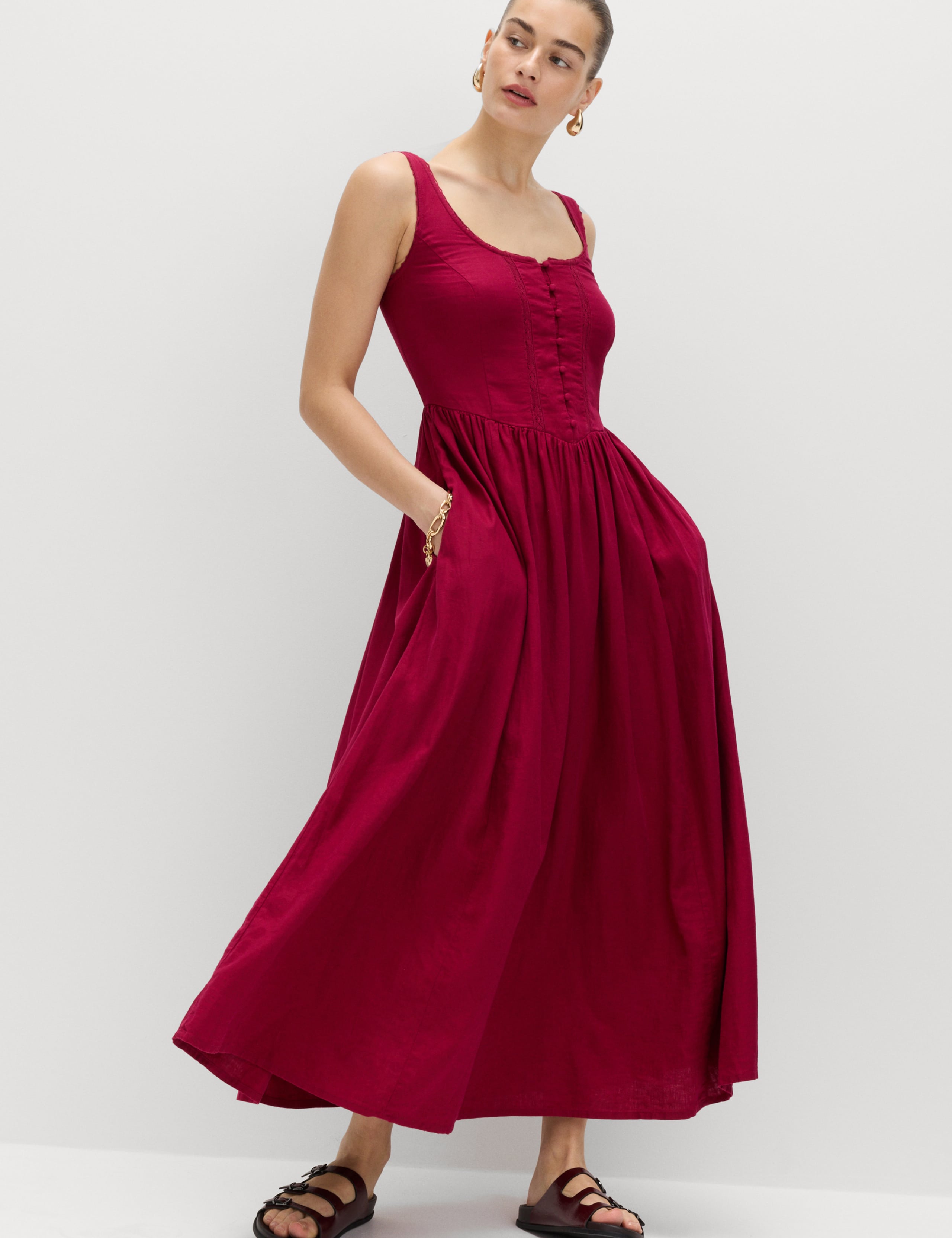 Linen Rich Scoop Neck Lace Insert Midi Waisted Dress 6 of 7