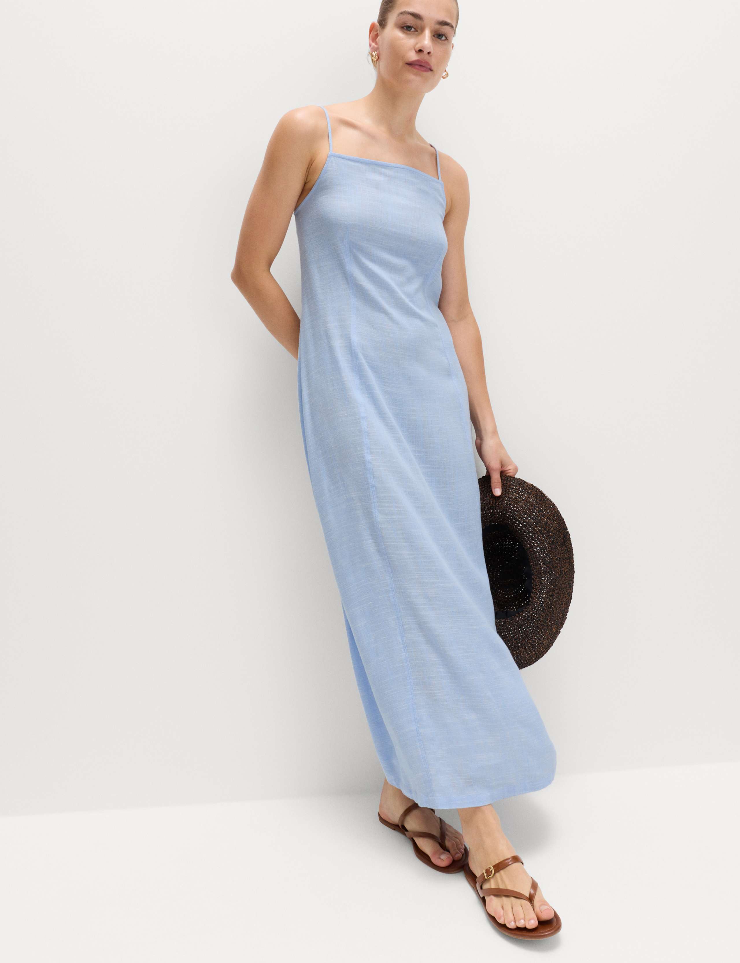 Square Neck Strappy Maxi Shift Dress with Linen 3 of 6