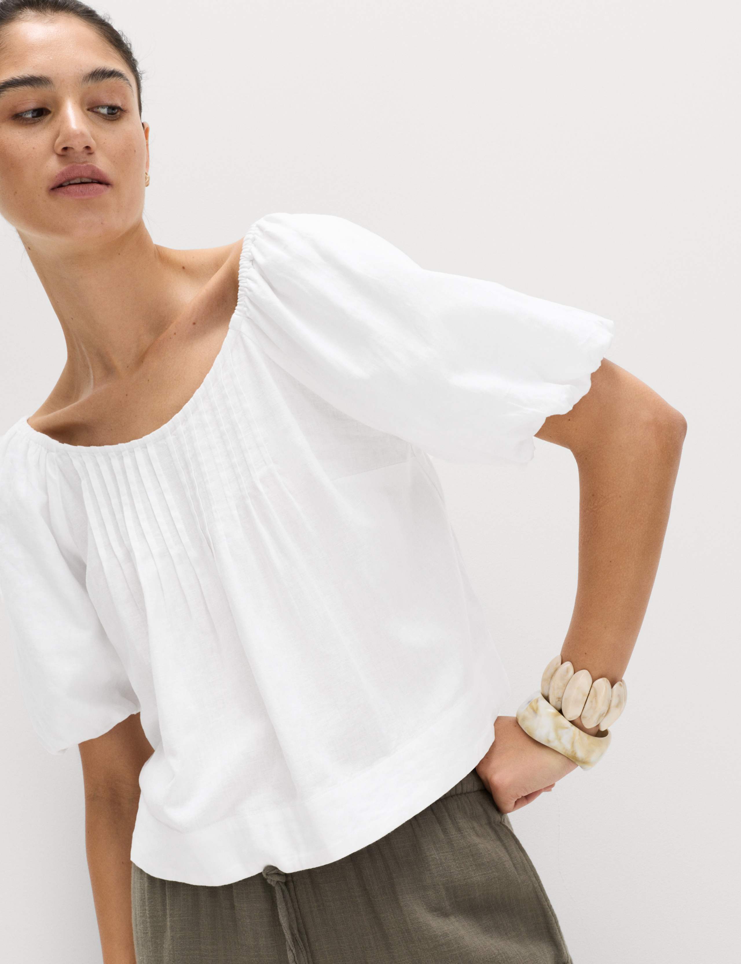 Linen Rich Pleated Puff Sleeve Top 1 of 5