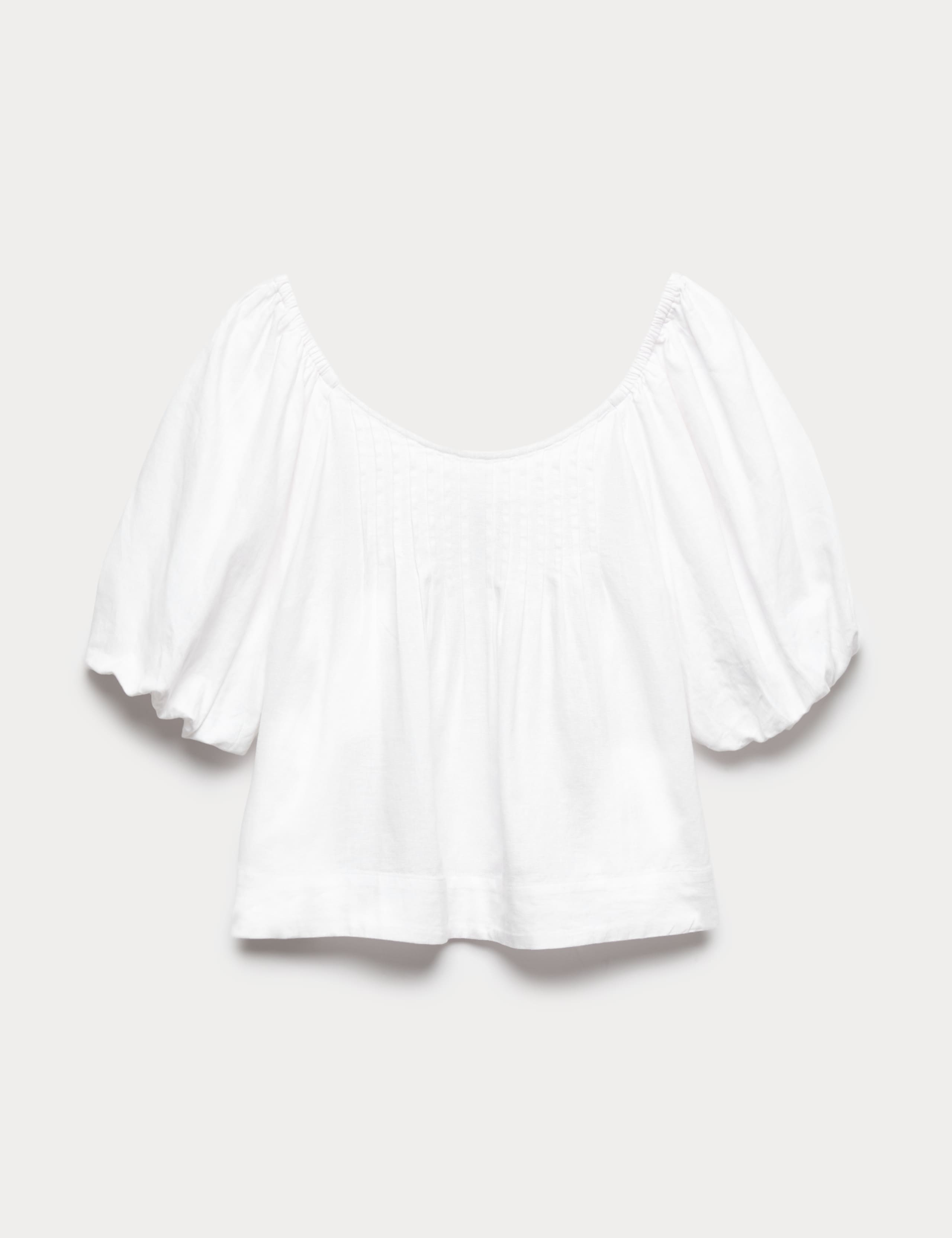 Linen Rich Pleated Puff Sleeve Top 1 of 1