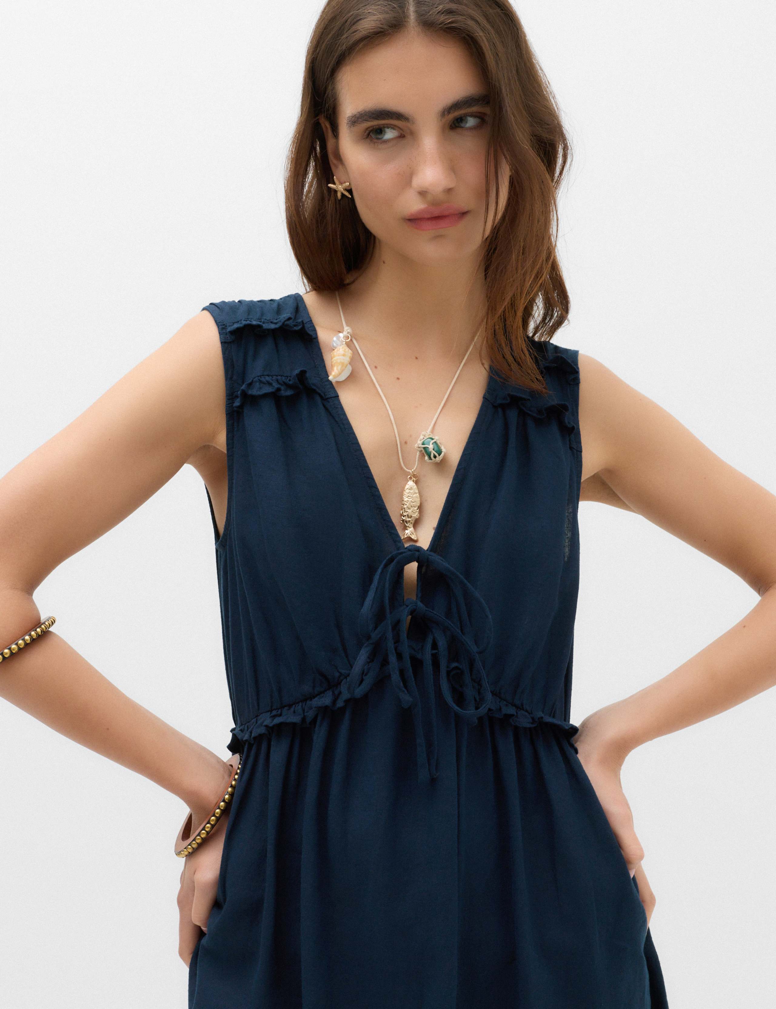 Linen Blend V-Neck Tie Detail Mini Dress 3 of 6
