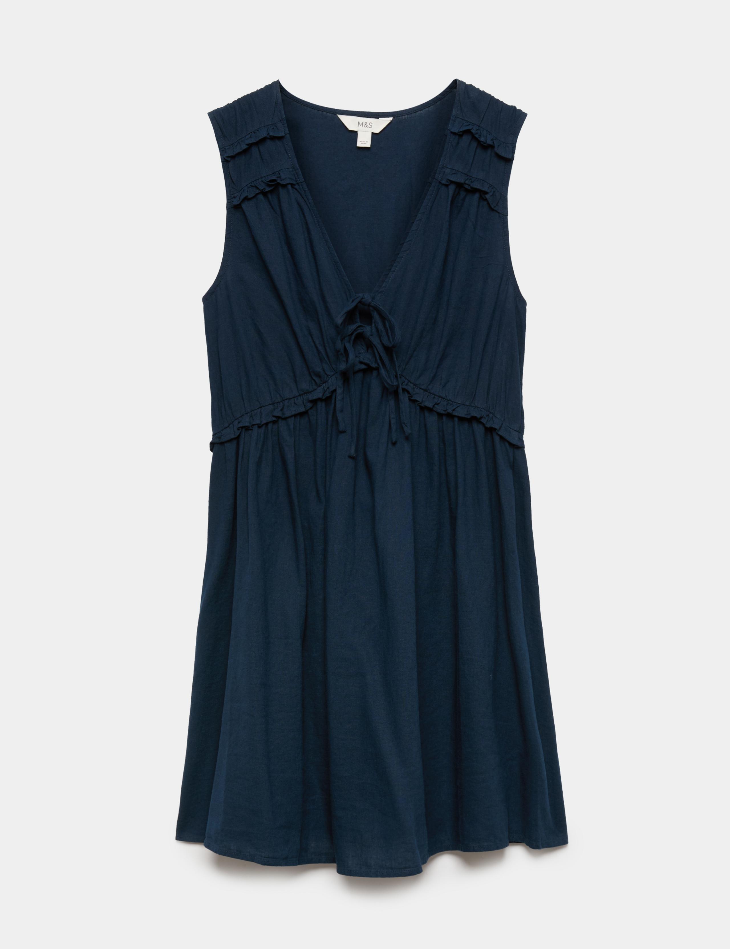 Linen Blend V-Neck Tie Detail Mini Dress 2 of 6