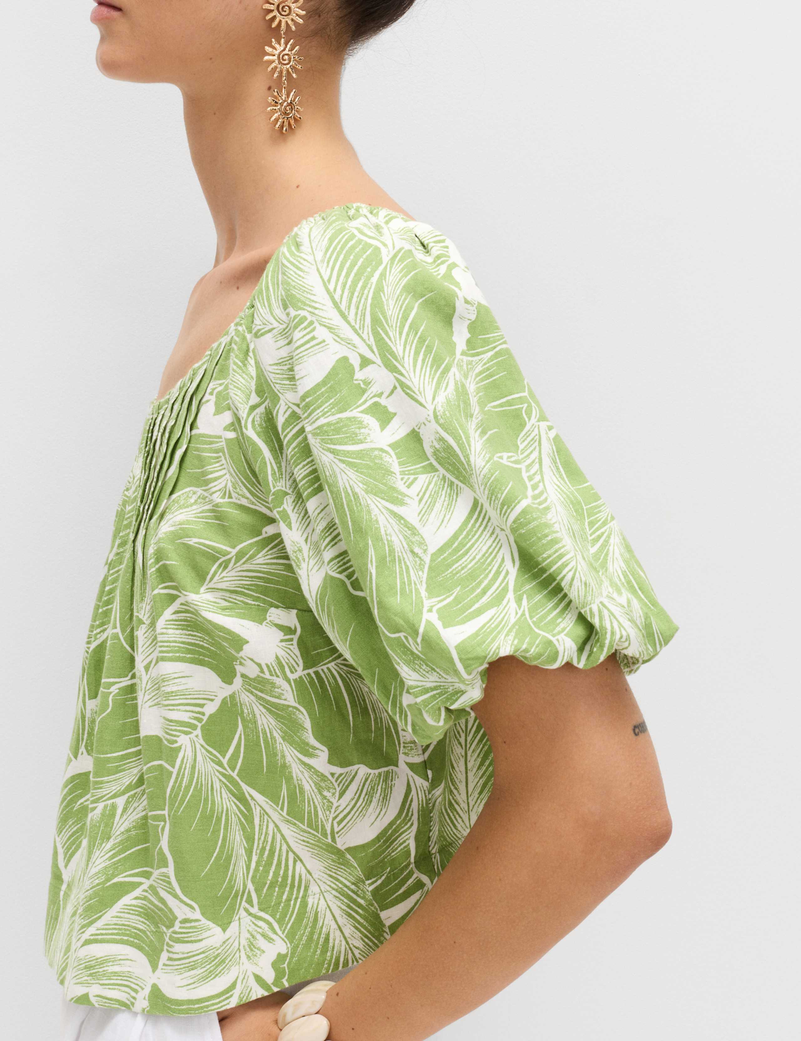 Linen Rich Pleated Puff Sleeve Top 3 of 6