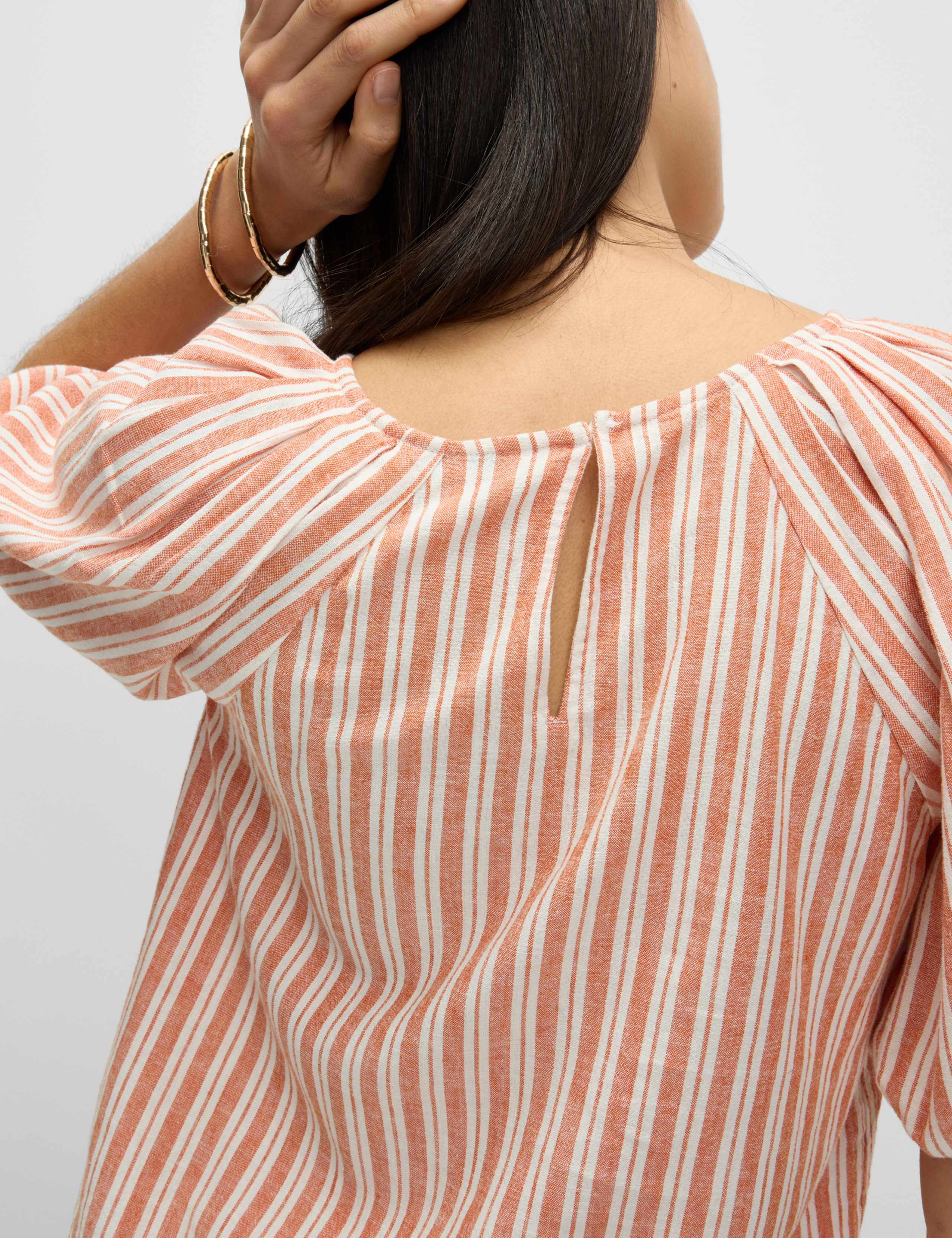 Linen Rich Striped Puff Sleeve Blouse 3 of 5