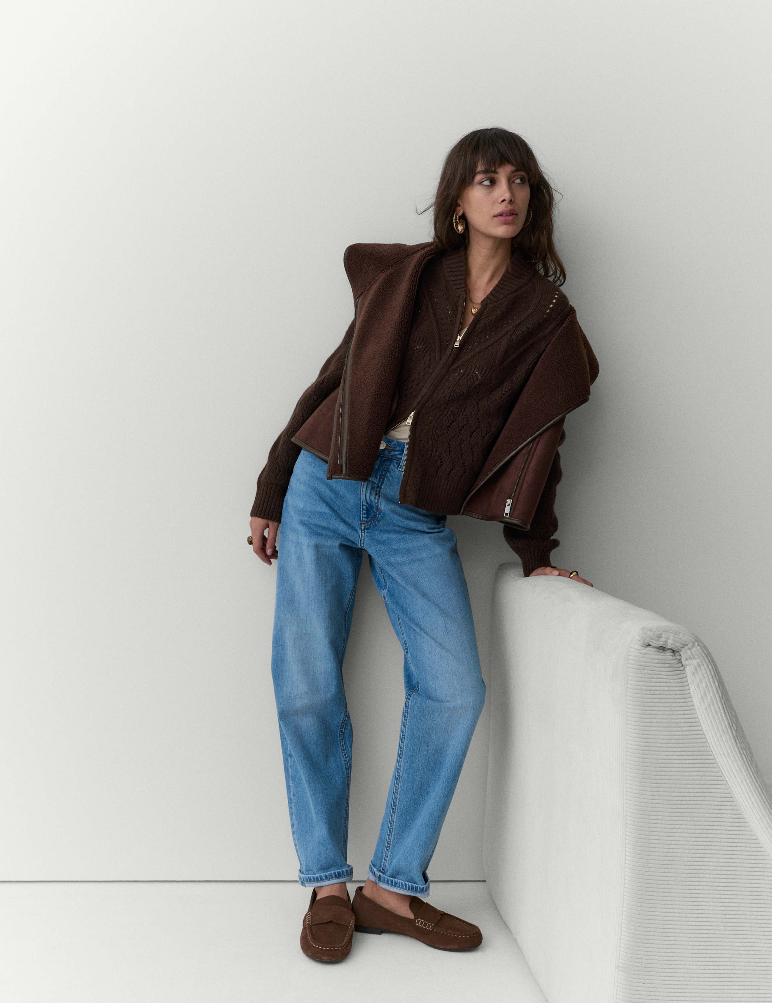 Cotton Blend Pointelle Bomber Cardigan with Wool 4 of 5