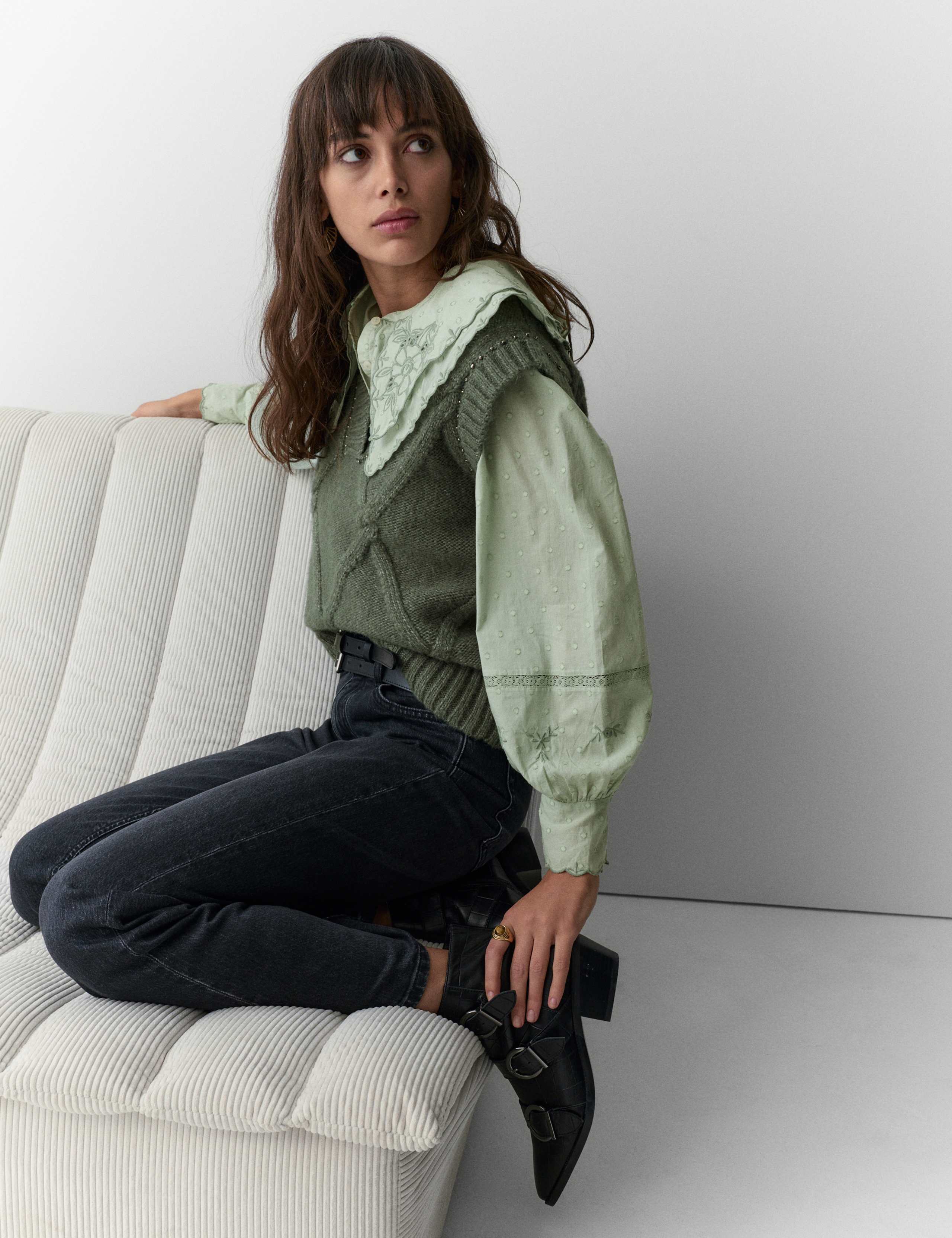 Pure Cotton Embroidered Double Collar Blouse 1 of 5