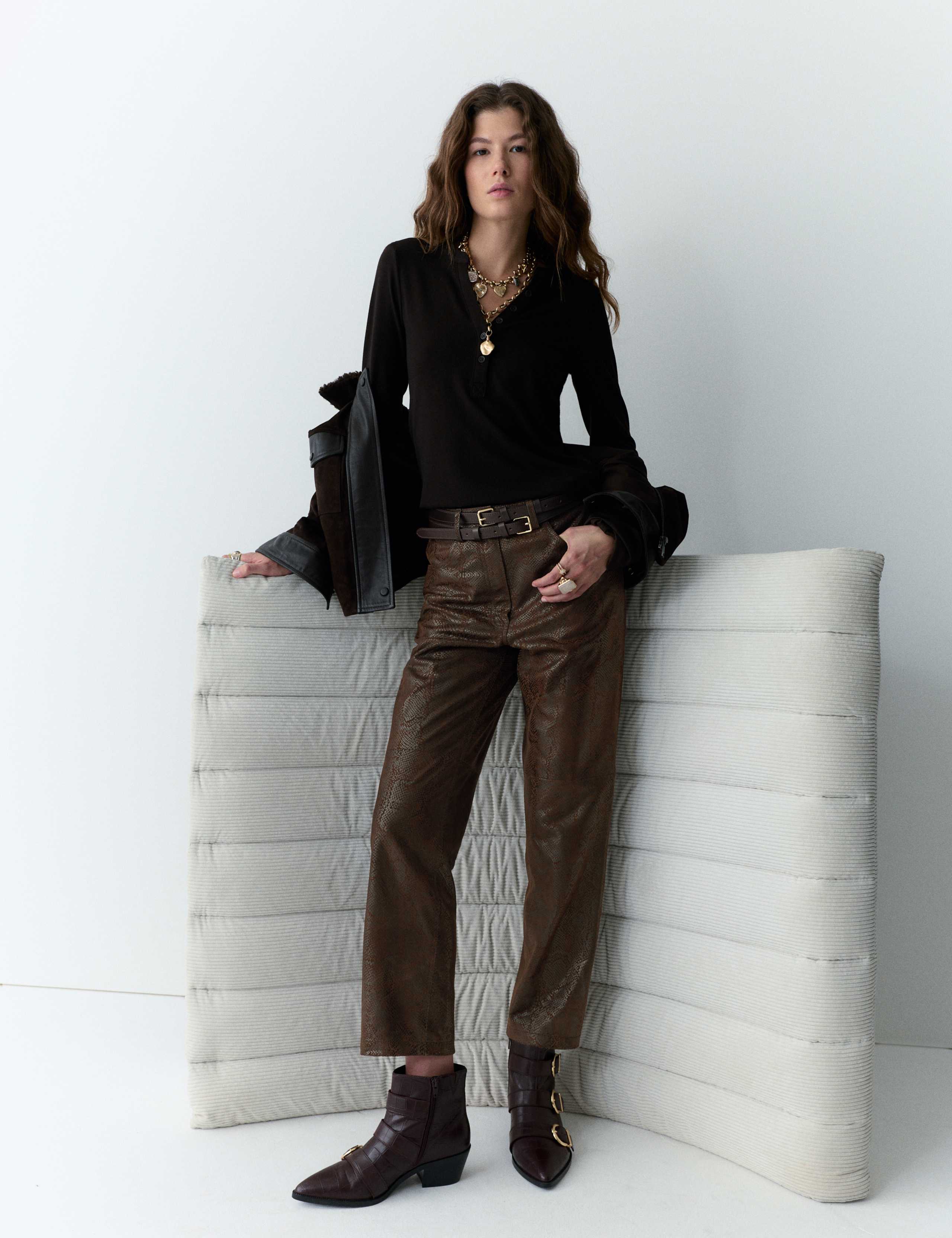 Leather Snake Print Straight Leg Trousers 3 of 5