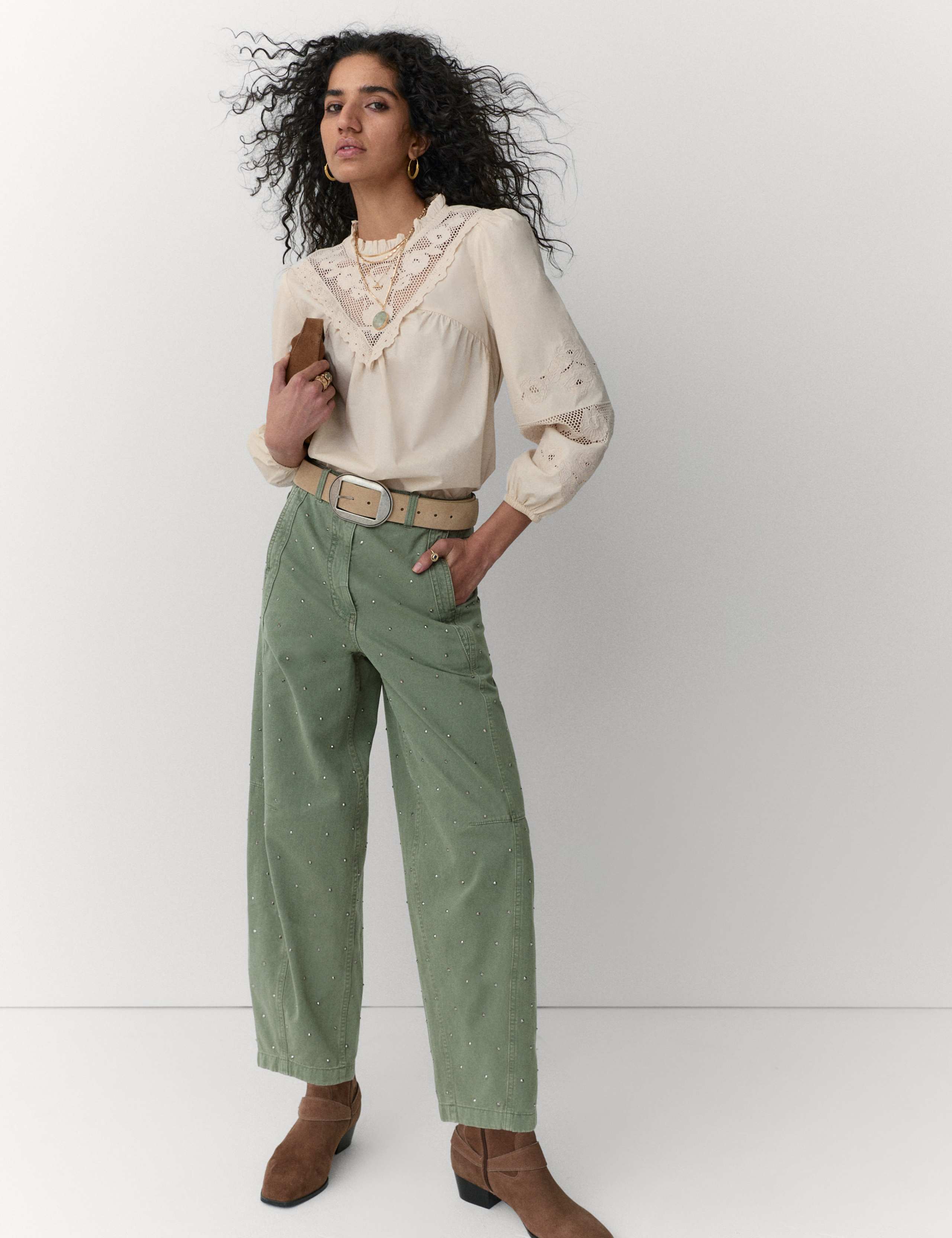 Pure Cotton Twill Studded Barrel Trousers 5 of 5
