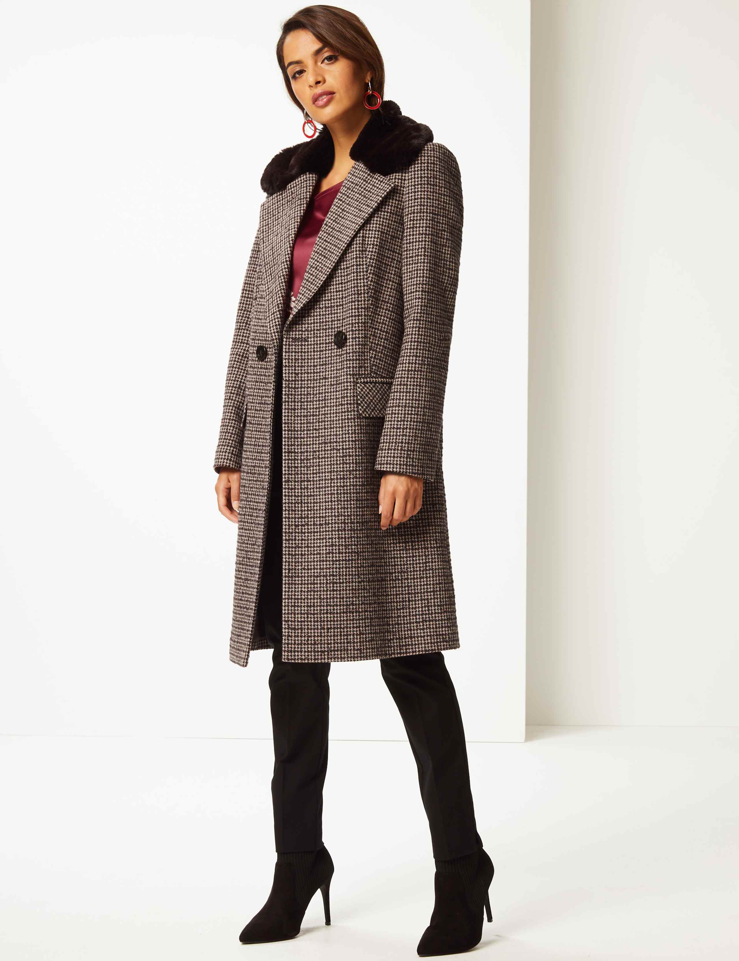 Checked Faux Fur Double Breasted Coat 1 of 4