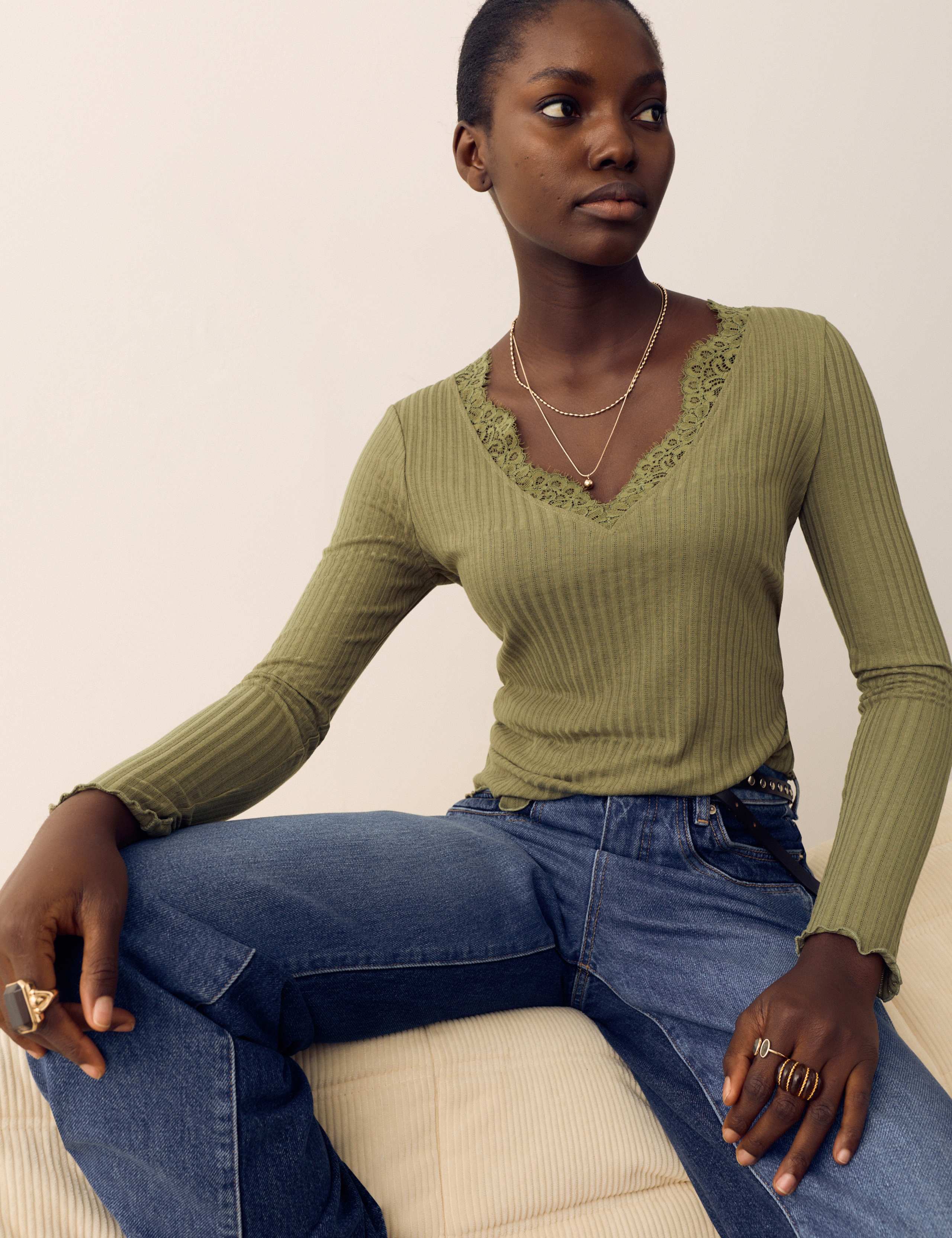 Lace Trim Pointelle Long Sleeve Top 1 of 5