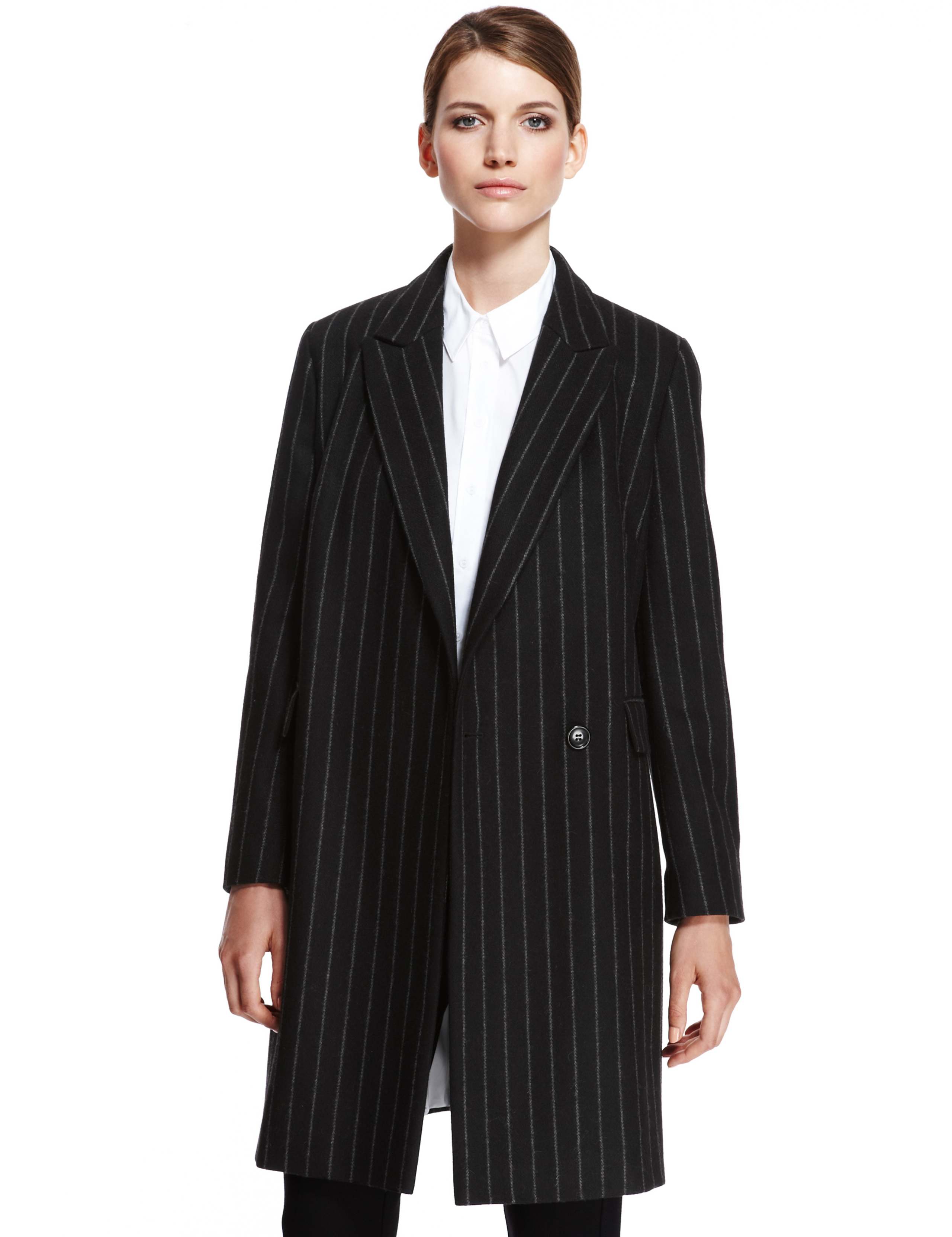 Wool Rich Peak Lapel Pinstriped Coat 1 of 10