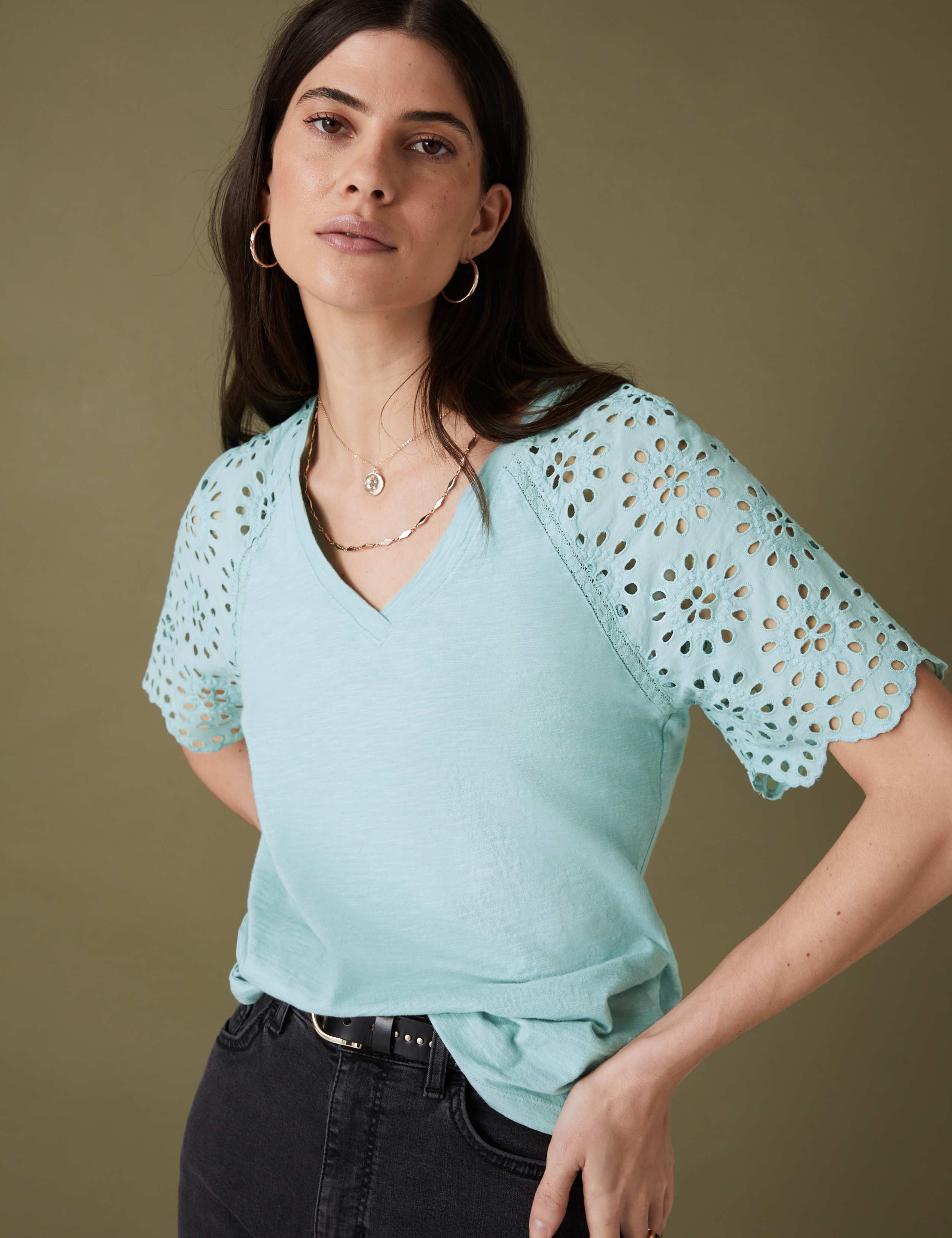 Pure Cotton Broderie Detail T-Shirt 3 of 5