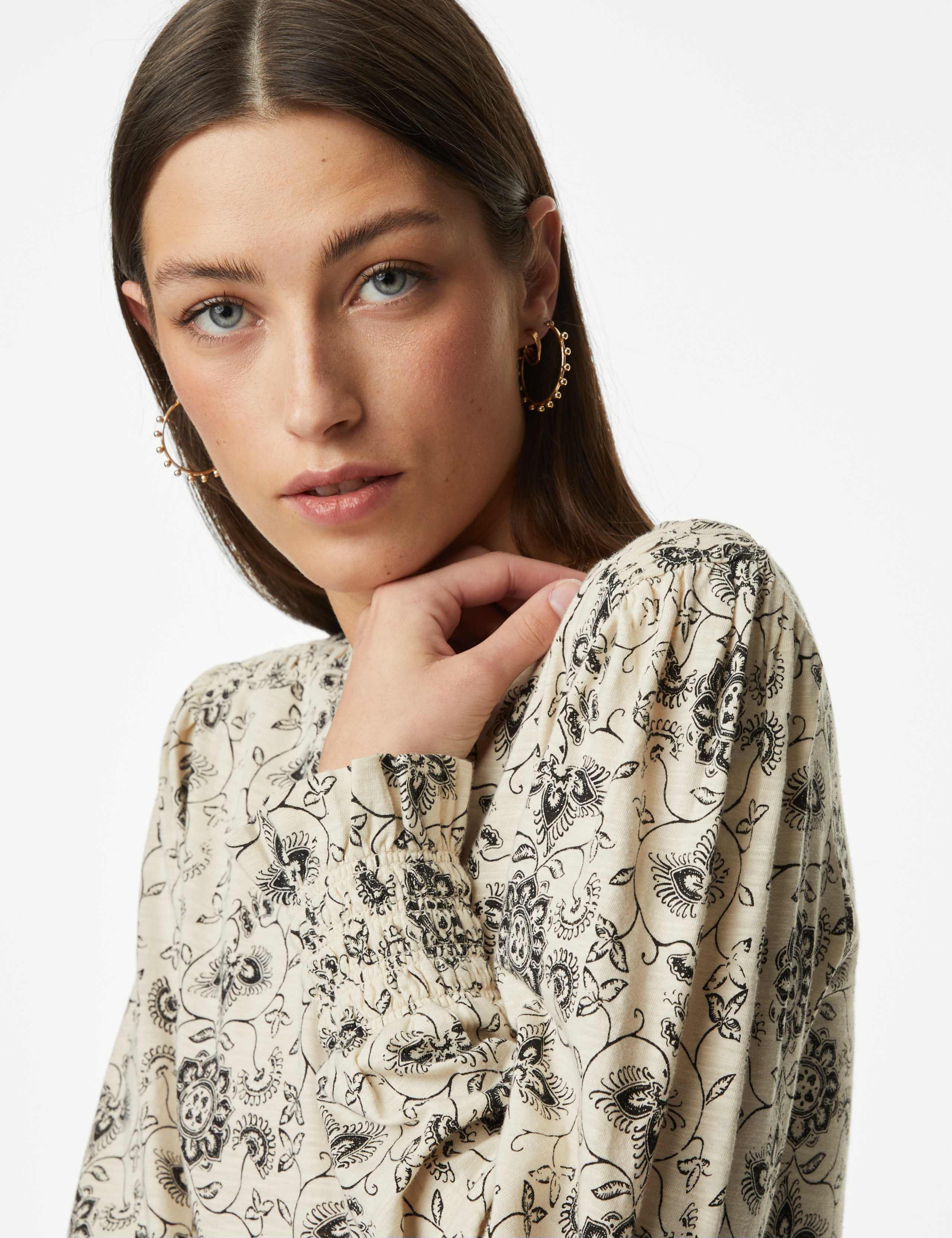 Pure Cotton Printed Shirred Puff Sleeve Top 1 of 5