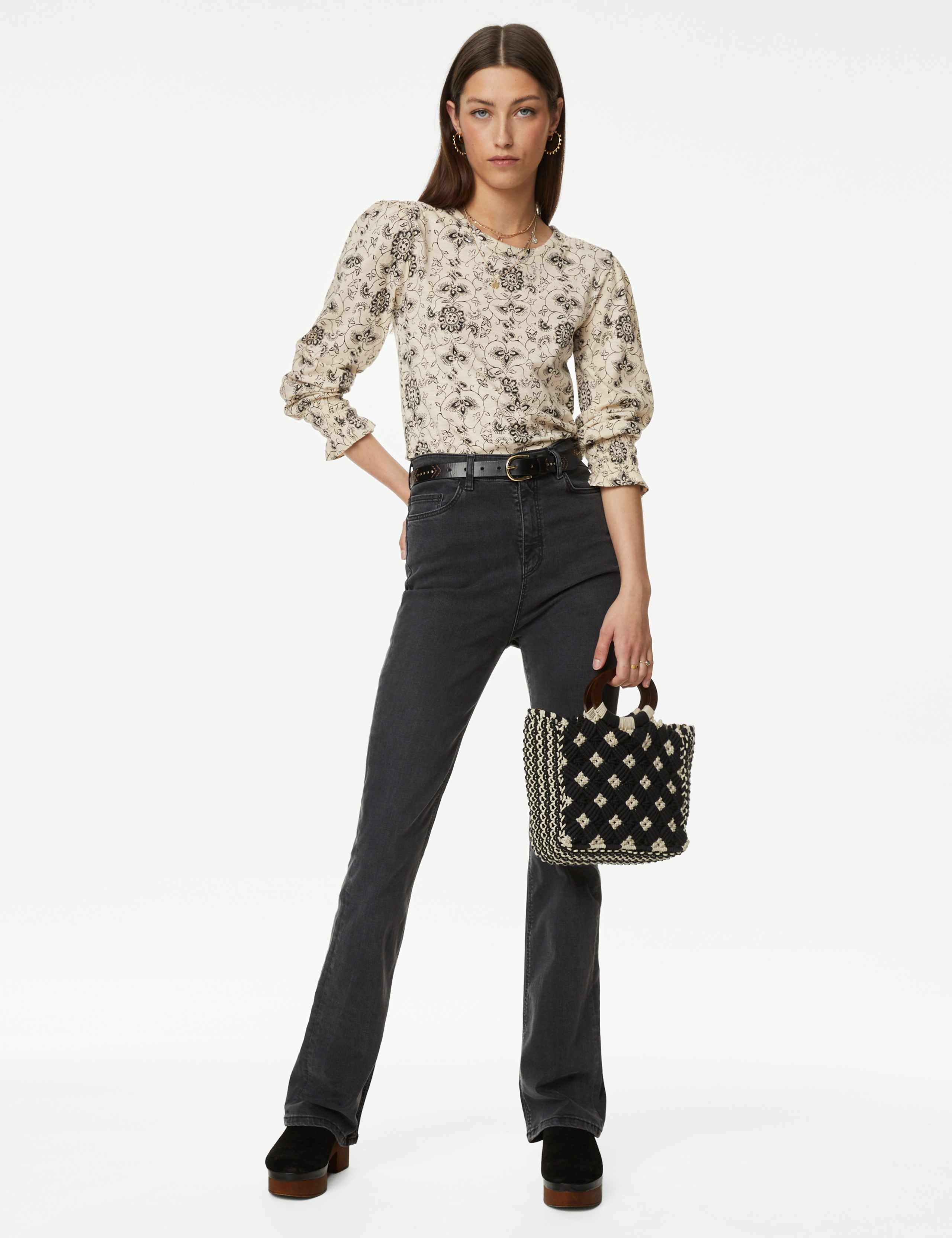 Pure Cotton Printed Shirred Puff Sleeve Top 3 of 5