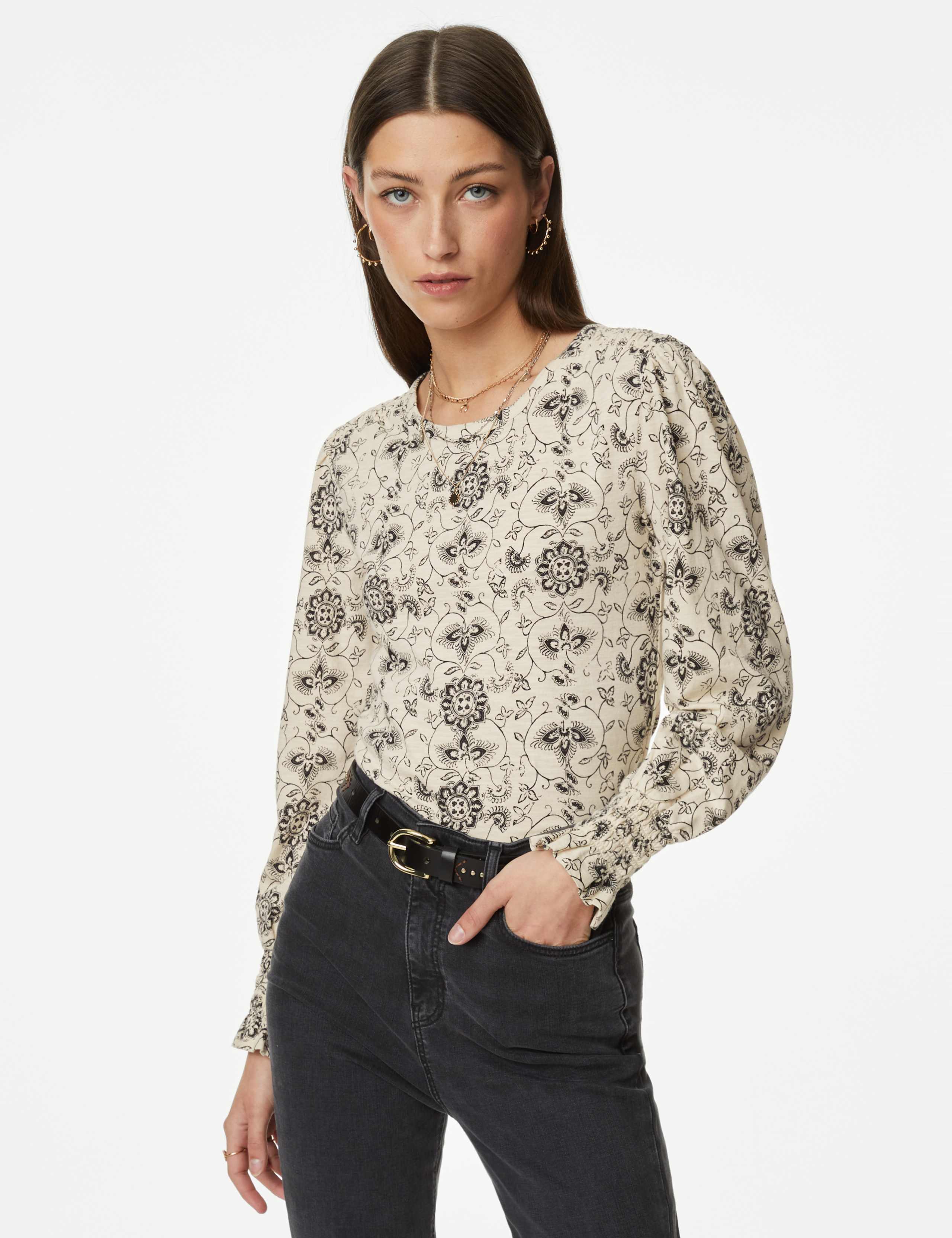 Pure Cotton Printed Shirred Puff Sleeve Top 4 of 5