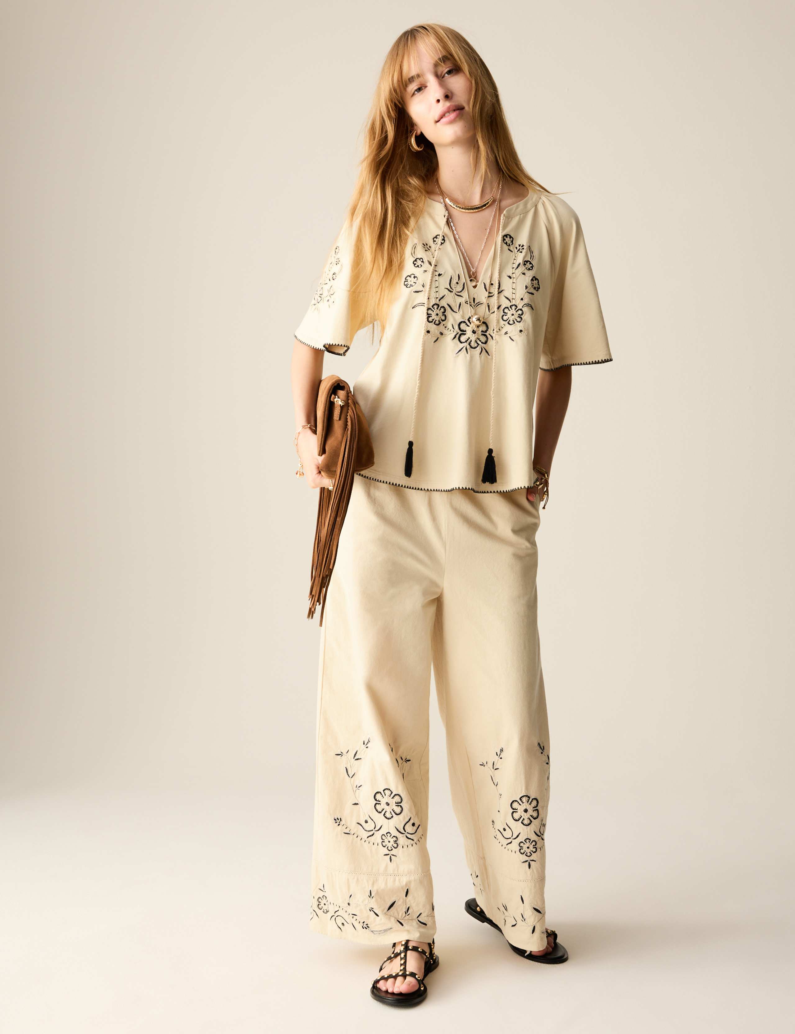 Pure Cotton Embroidered Tie Neck Blouse 3 of 7
