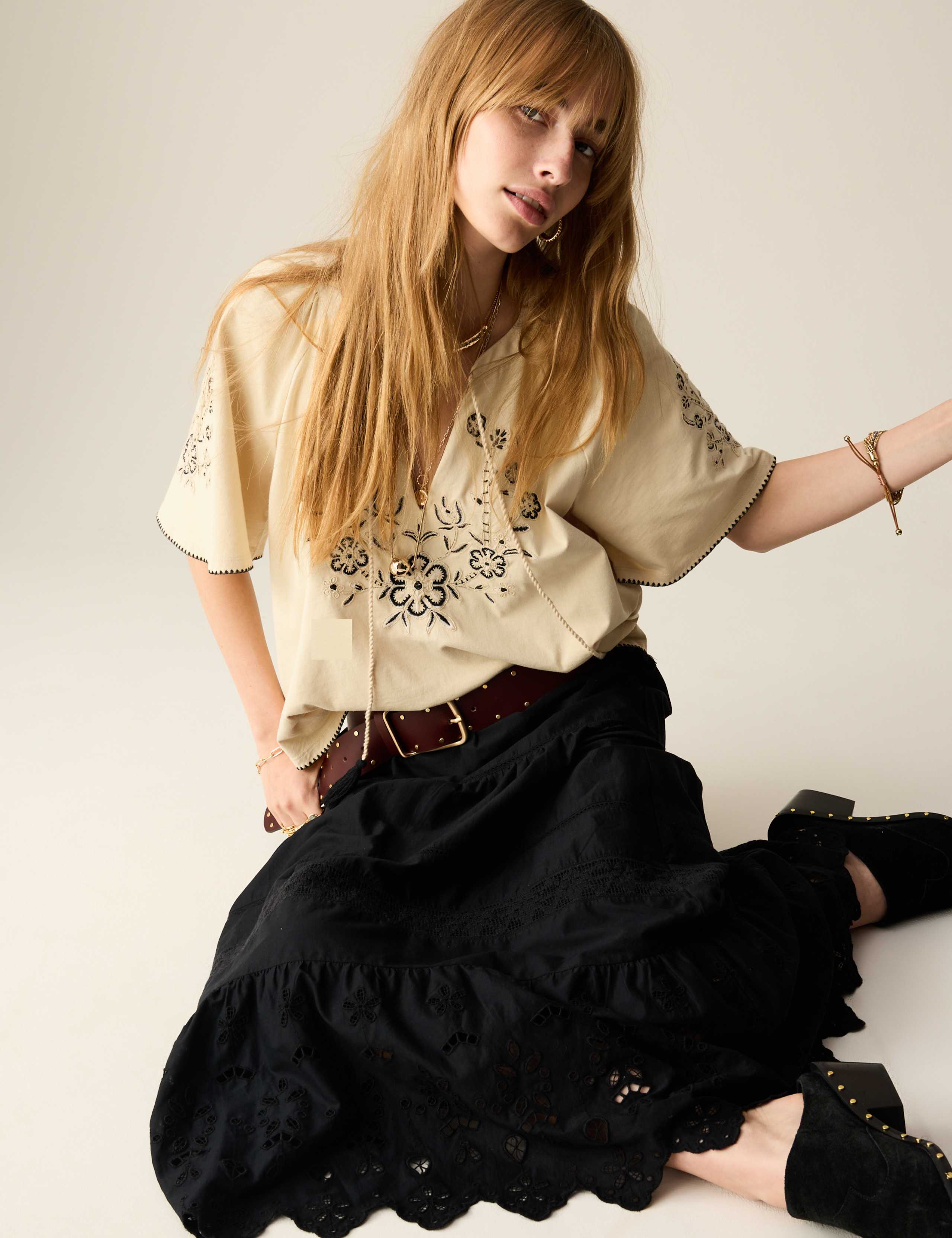 Pure Cotton Embroidered Tie Neck Blouse 5 of 7
