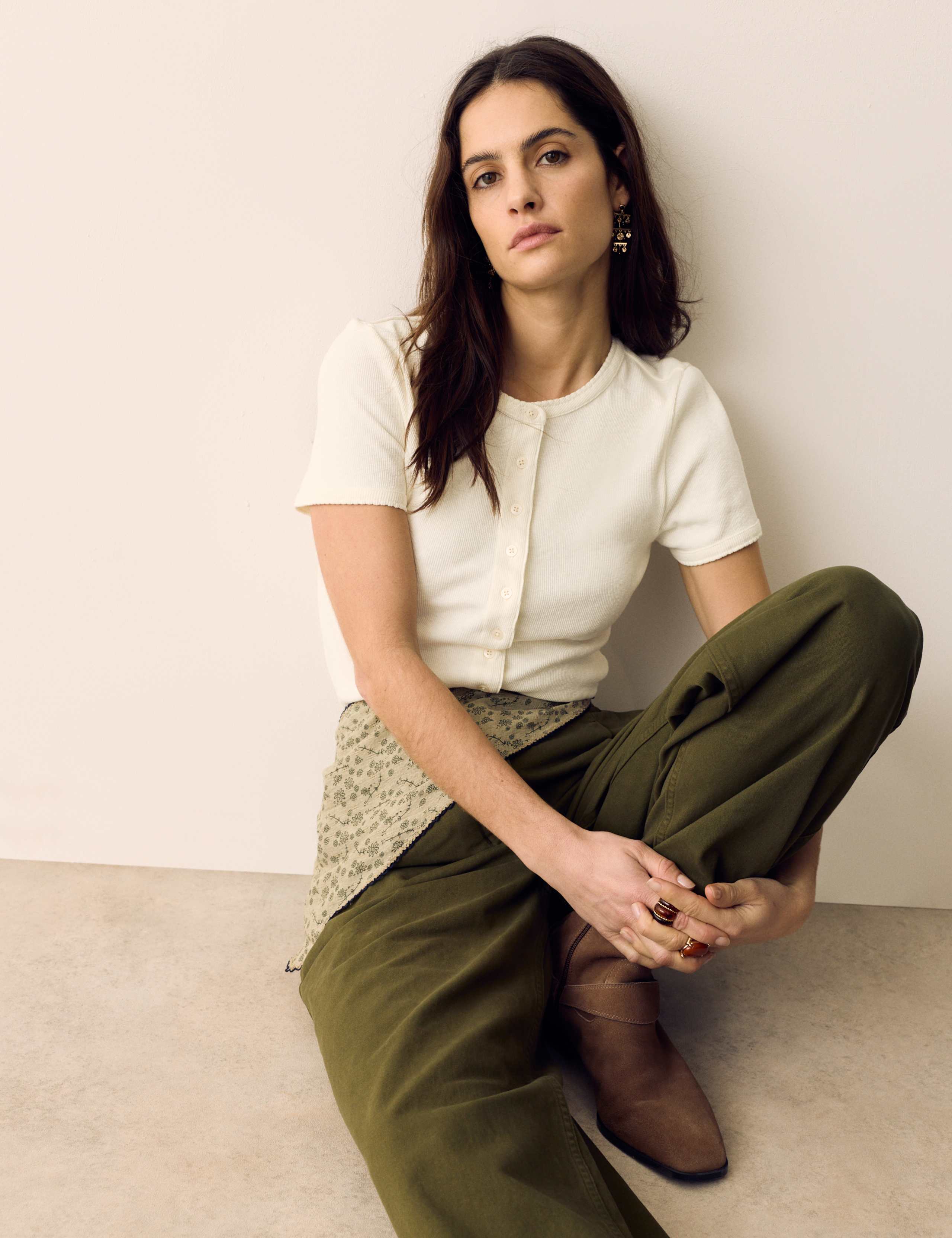 Cotton Rich Ribbed Button Front Top 1 of 4