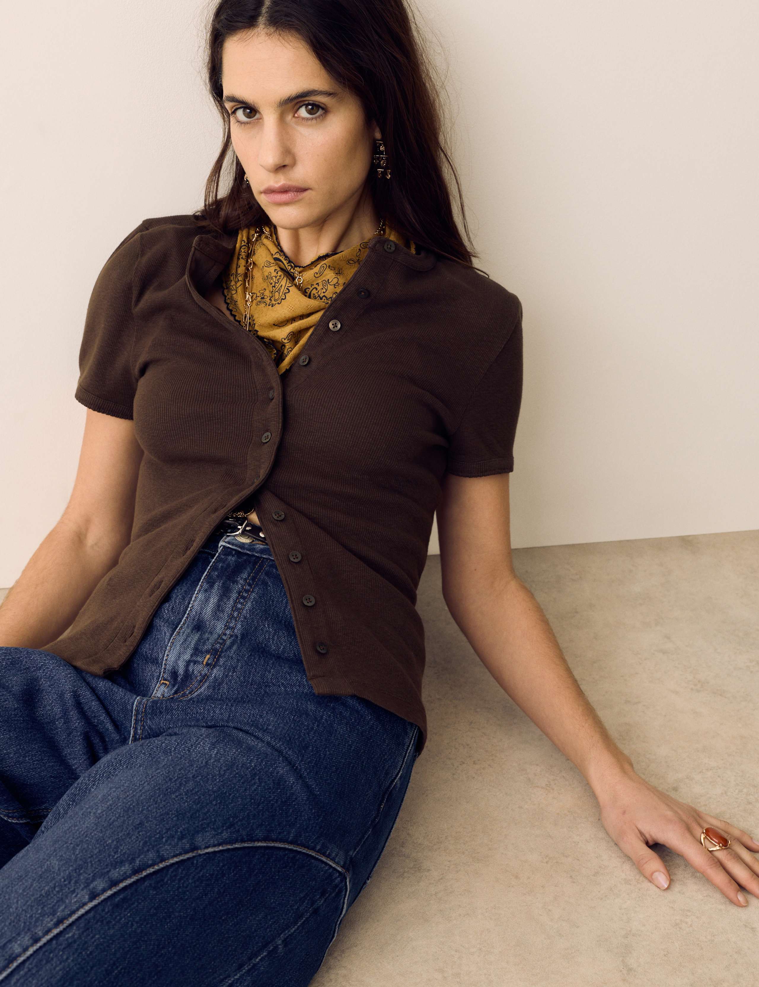 Cotton Rich Ribbed Button Front Top 3 of 5