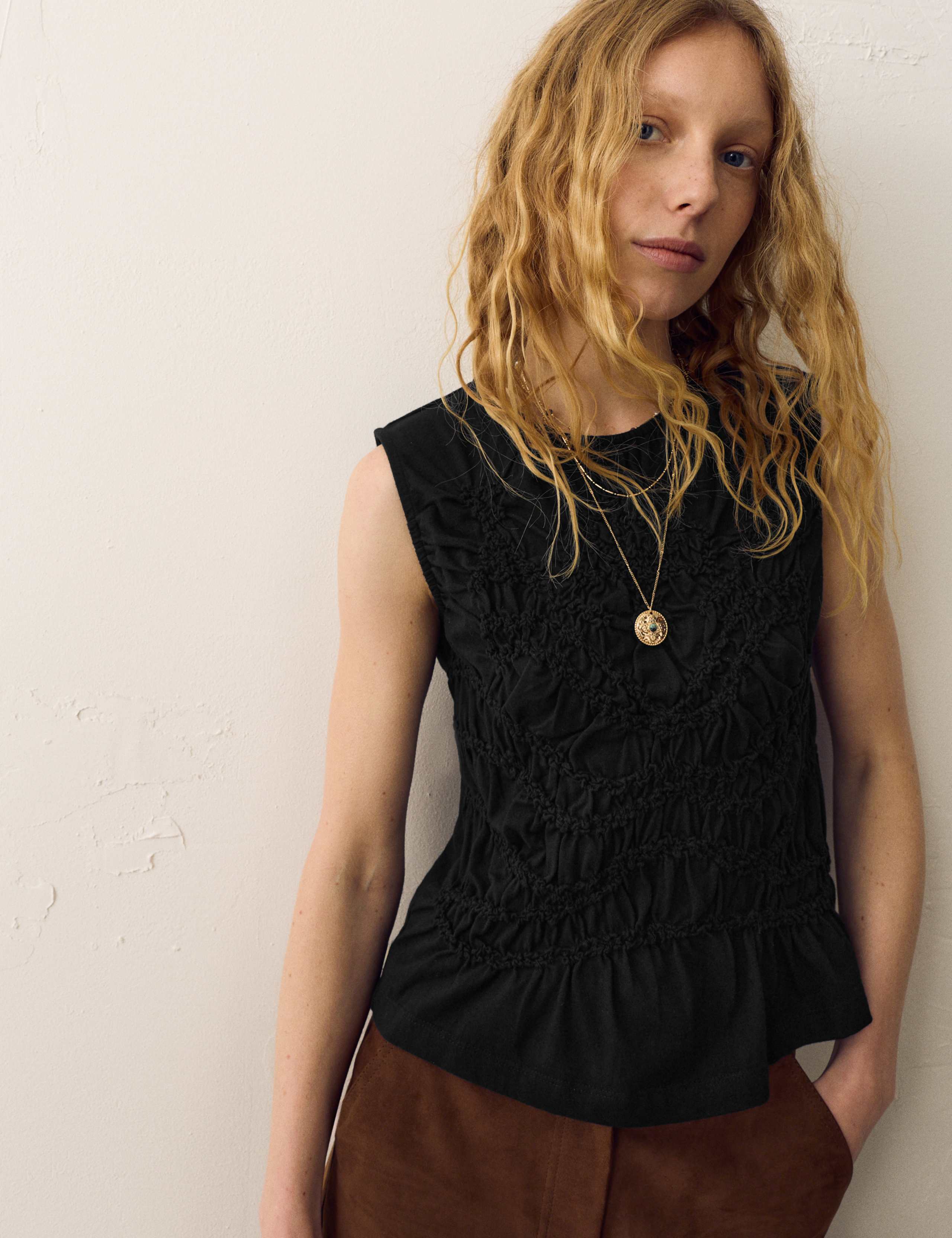 Pure Cotton Crew Neck Shirred Front Top 5 of 5