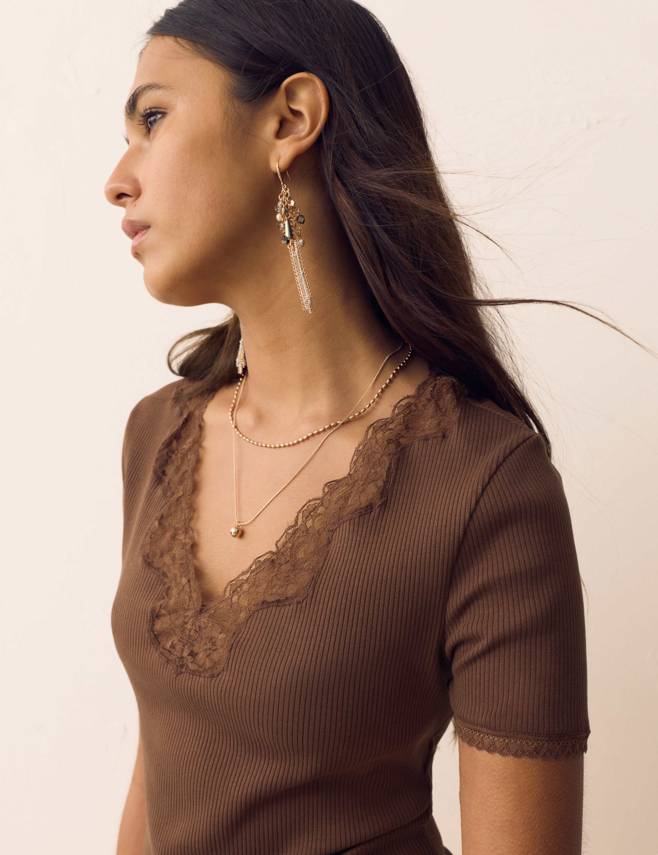 Lace Insert V-Neck Short Sleeve T-Shirt 1 of 6